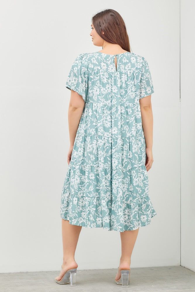 Mint Green Floral Tiered Short Sleeve Plus Midi Dress sold by Pinkblush product image thumbnail 3
