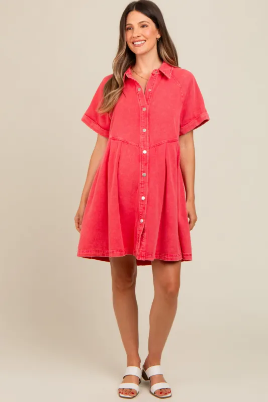 Red Denim Button Down Maternity Mini Dress sold by Pinkblush