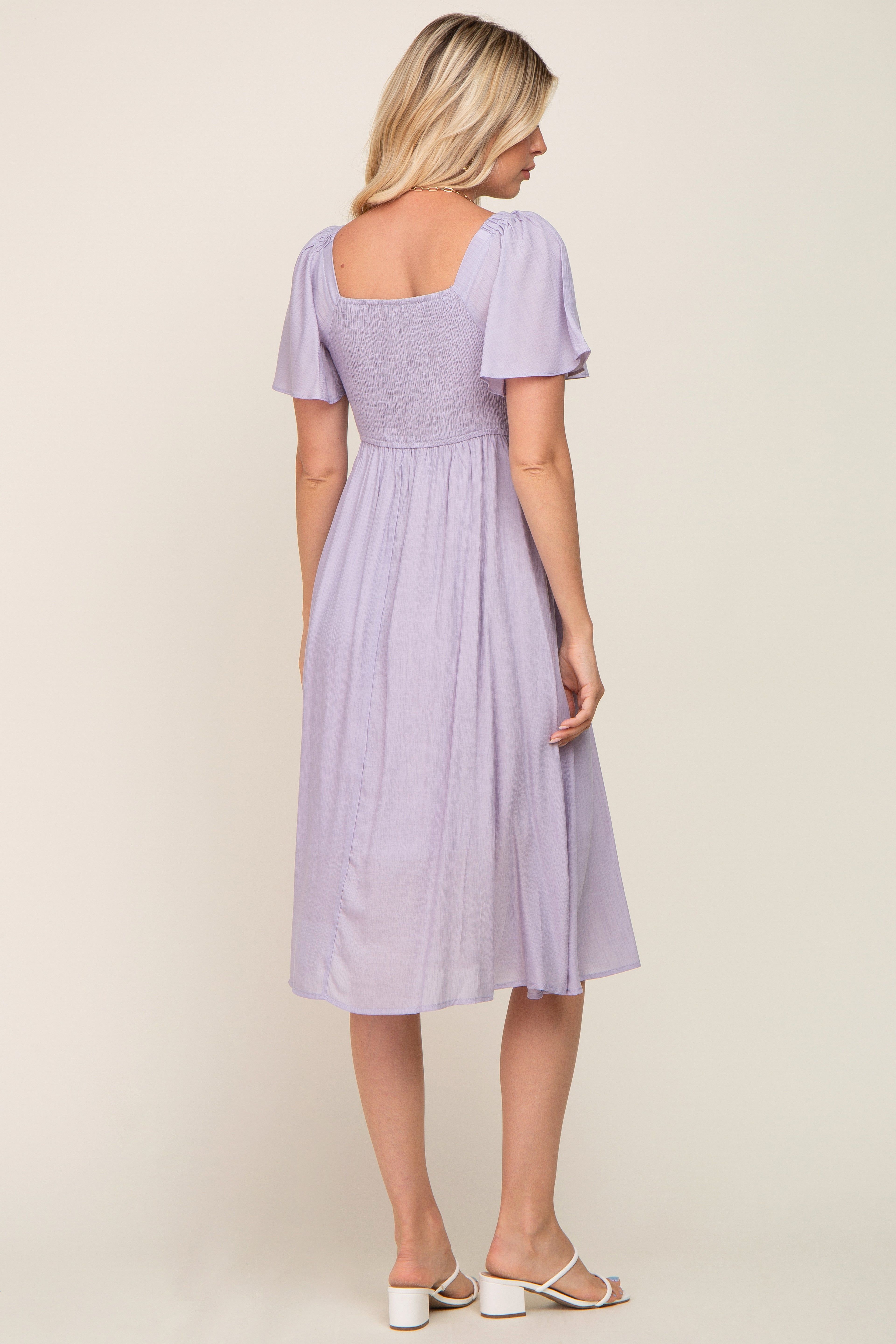 Lavender Smocked Square Neck Flutter Short Sleeve Midi Dress sold by Pinkblush product image thumbnail 3