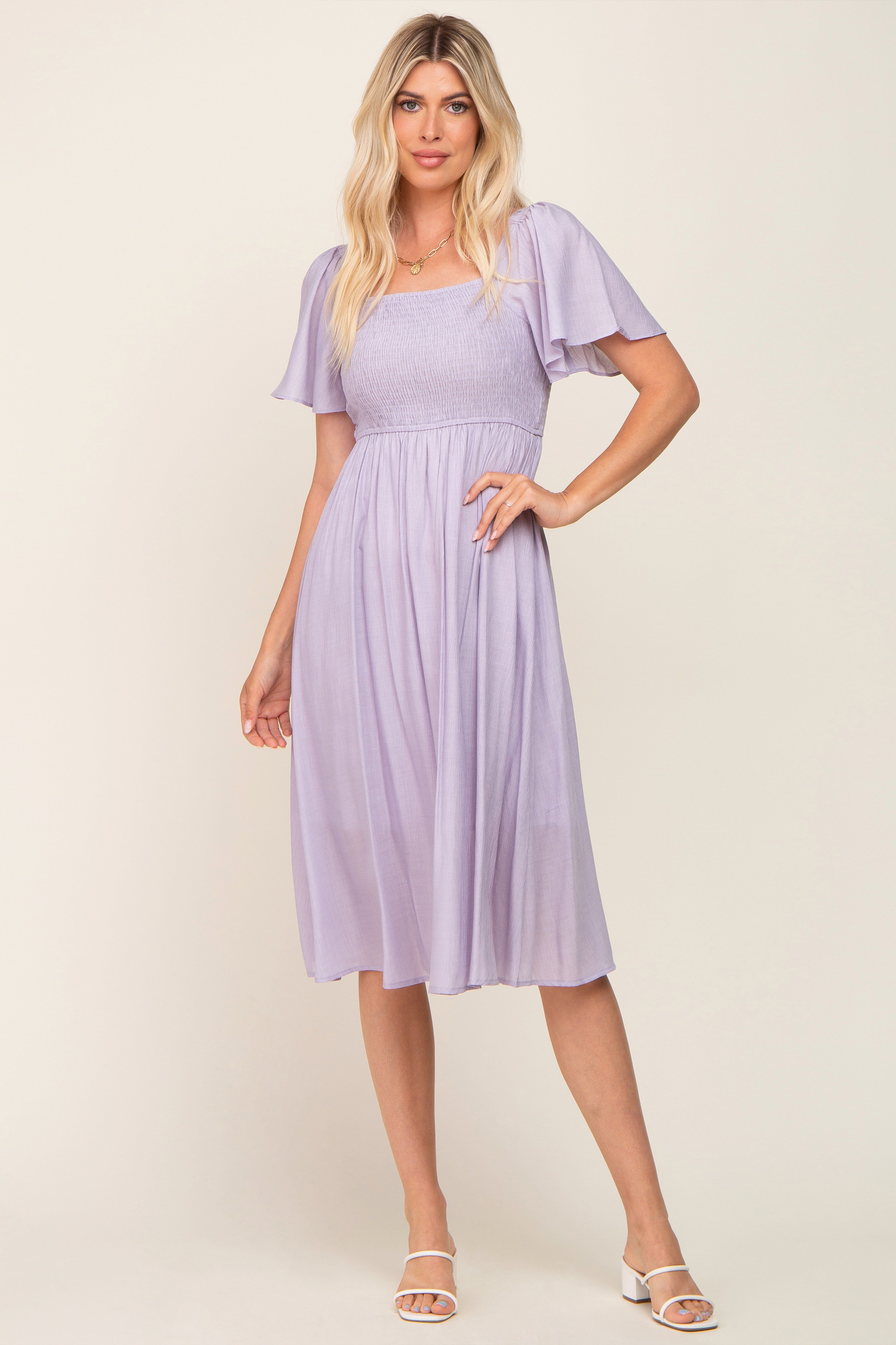 Lavender Smocked Square Neck Flutter Short Sleeve Midi Dress sold by Pinkblush