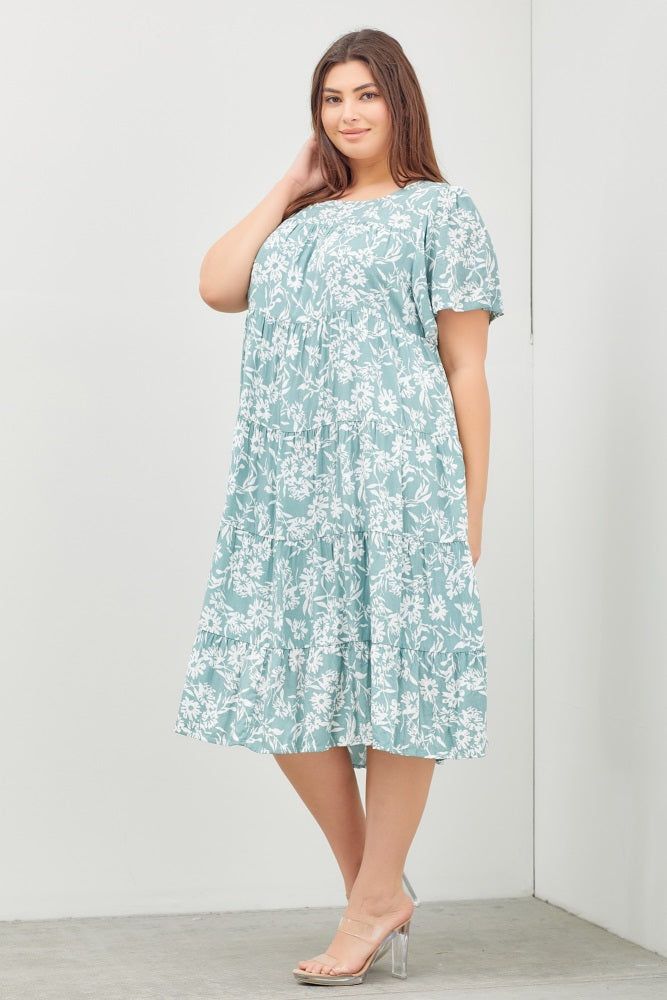 Mint Green Floral Tiered Short Sleeve Plus Midi Dress sold by Pinkblush product image thumbnail 2