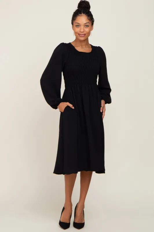 Black Smocked Long Sleeve Midi Dress sold by Pinkblush