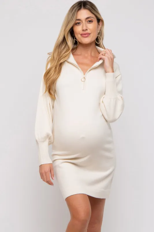 Beige Knit Half Zip Maternity Mini Dress sold by Pinkblush