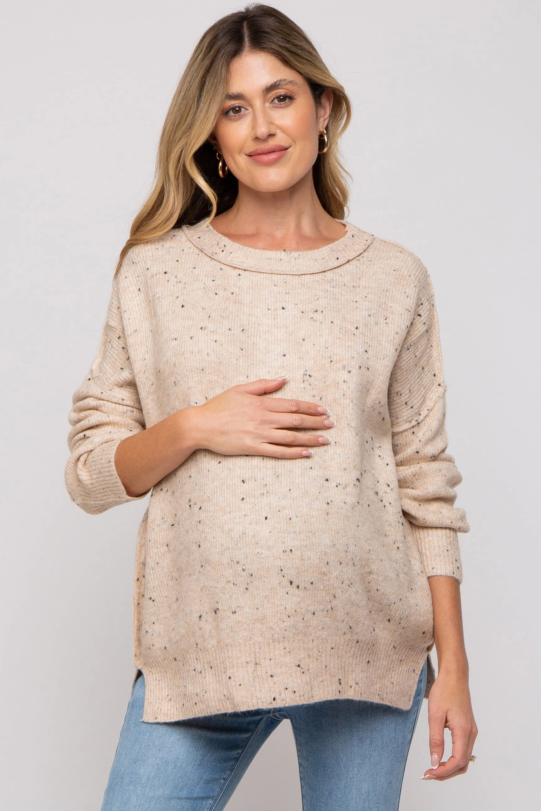 Beige Speckled Knit Maternity Sweater sold by Pinkblush