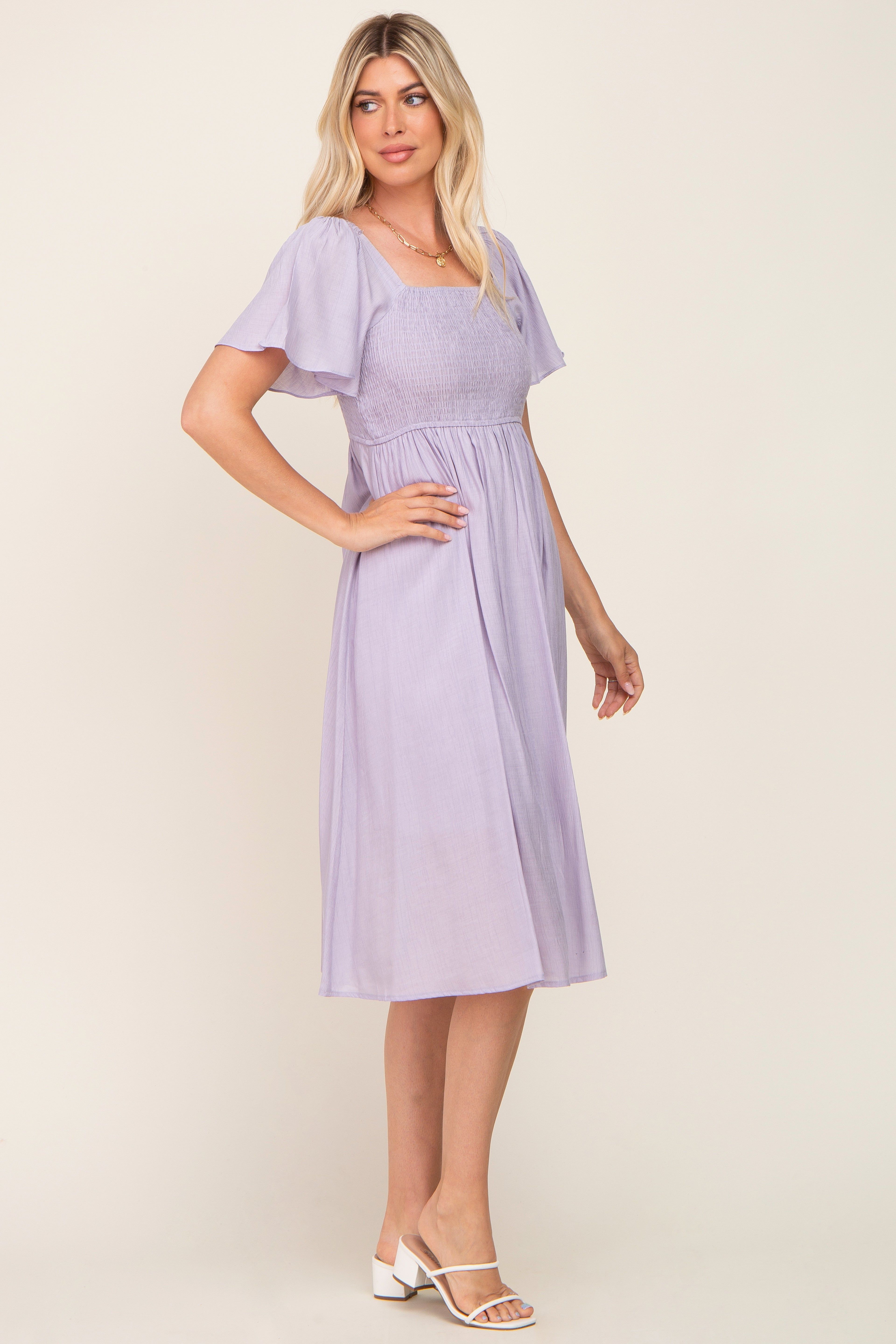 Lavender Smocked Square Neck Flutter Short Sleeve Midi Dress sold by Pinkblush product image thumbnail 2