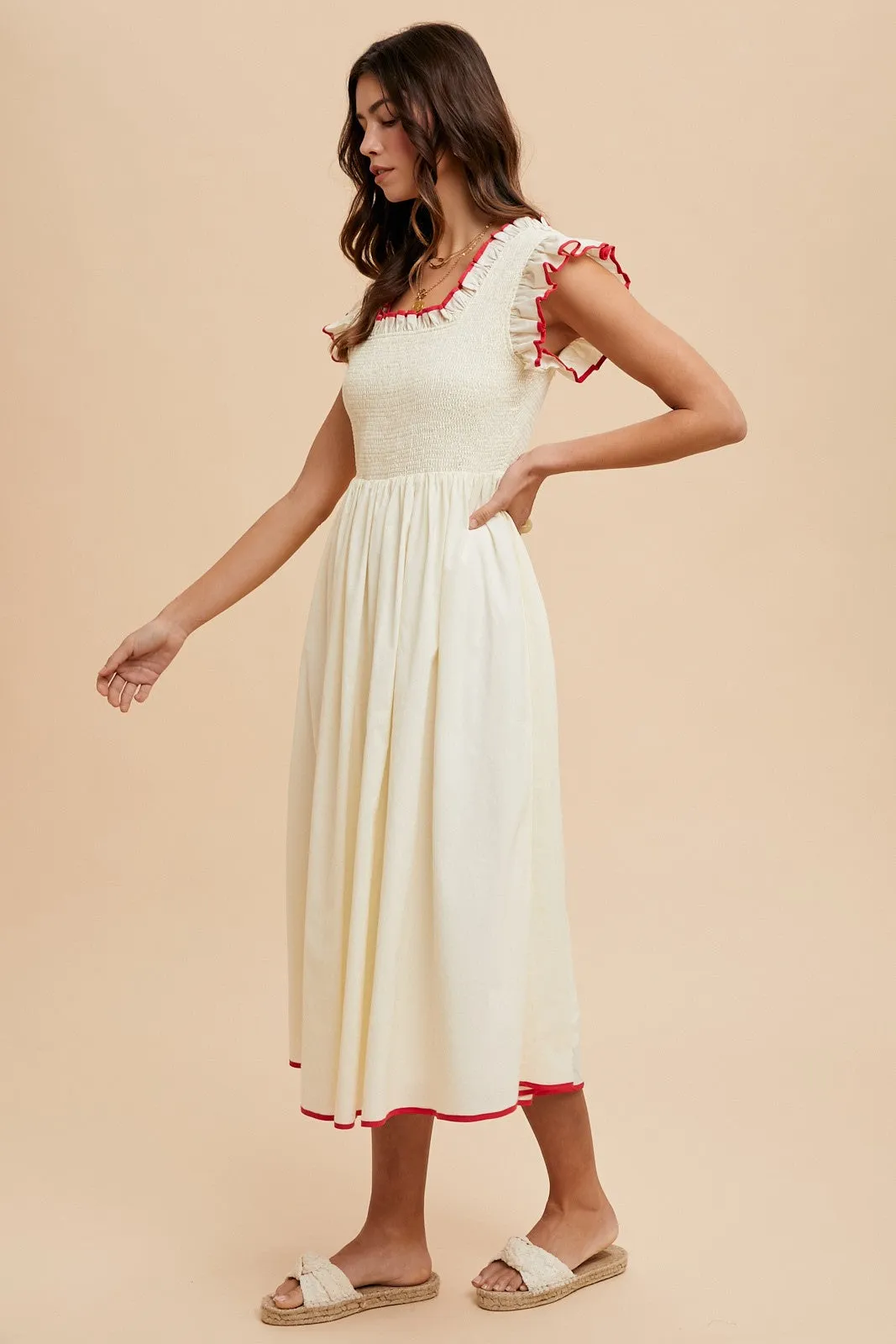 Cream Red Contrast Binding Detail Smocking Midi Dress sold by Pinkblush product image thumbnail 4
