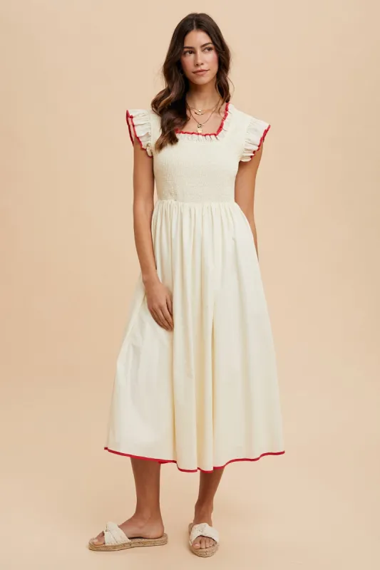 Cream Red Contrast Binding Detail Smocking Midi Dress sold by Pinkblush