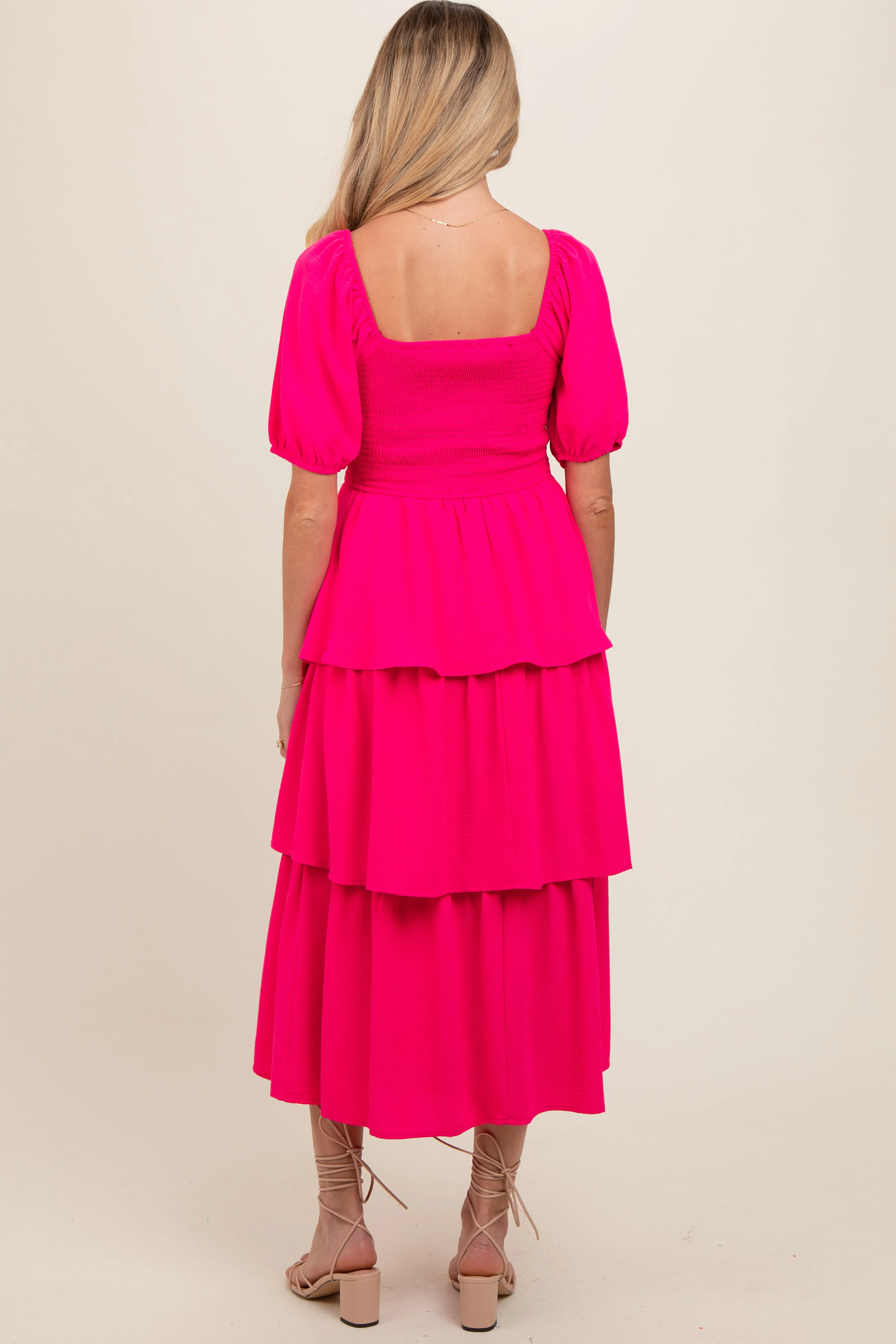 Fuchsia Smocked Body Ruffled Tiered Maternity Dress sold by Pinkblush product image thumbnail 4