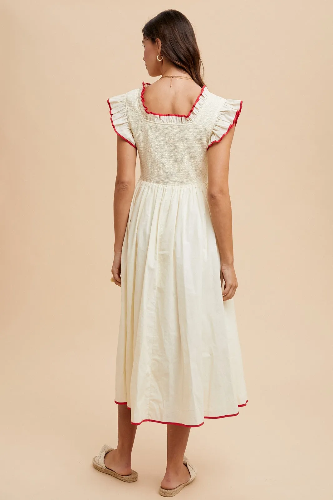 Cream Red Contrast Binding Detail Smocking Midi Dress sold by Pinkblush product image thumbnail 5