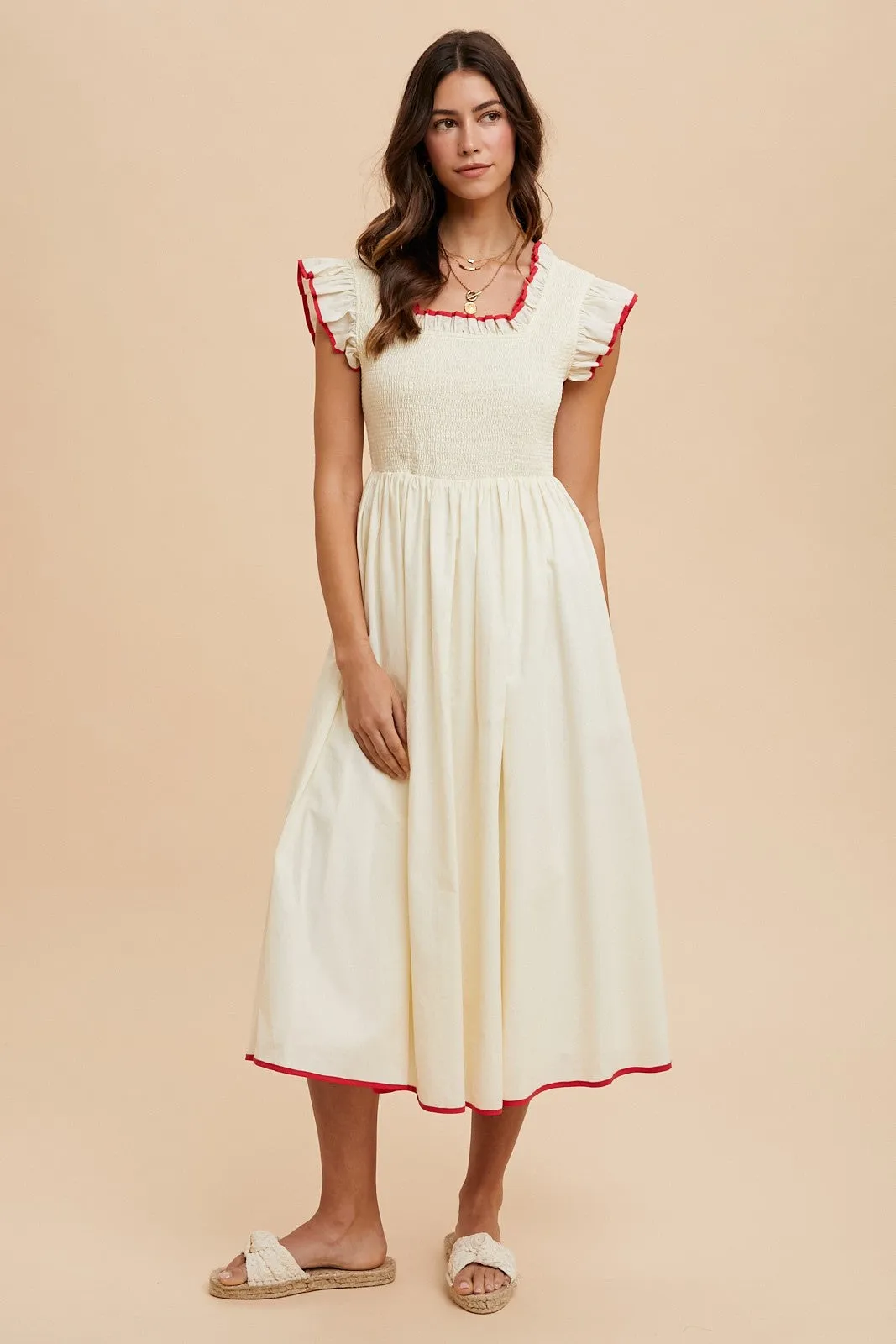 Cream Red Contrast Binding Detail Smocking Midi Dress sold by Pinkblush product image thumbnail 2