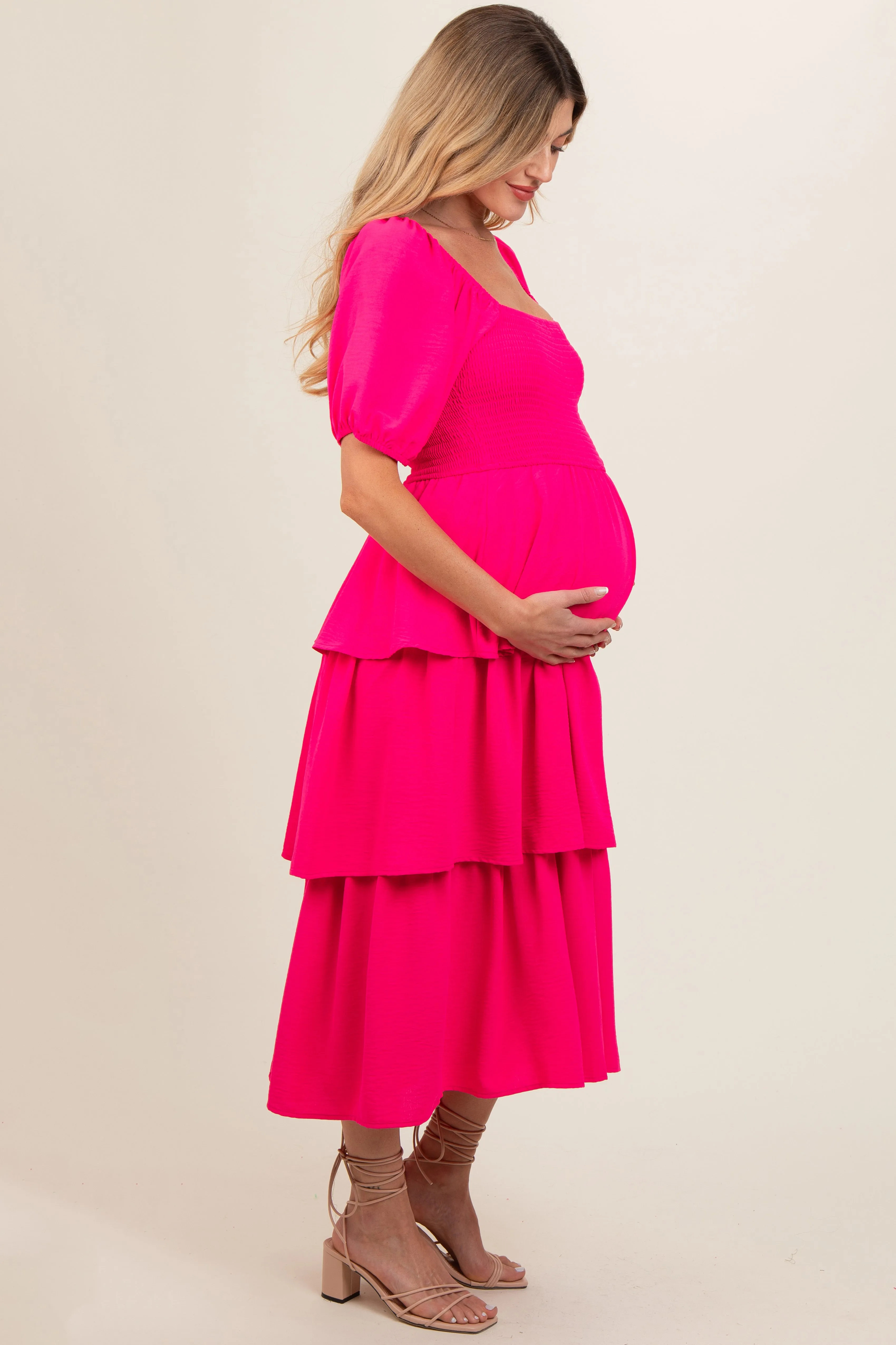 Fuchsia Smocked Body Ruffled Tiered Maternity Dress sold by Pinkblush product image thumbnail 3