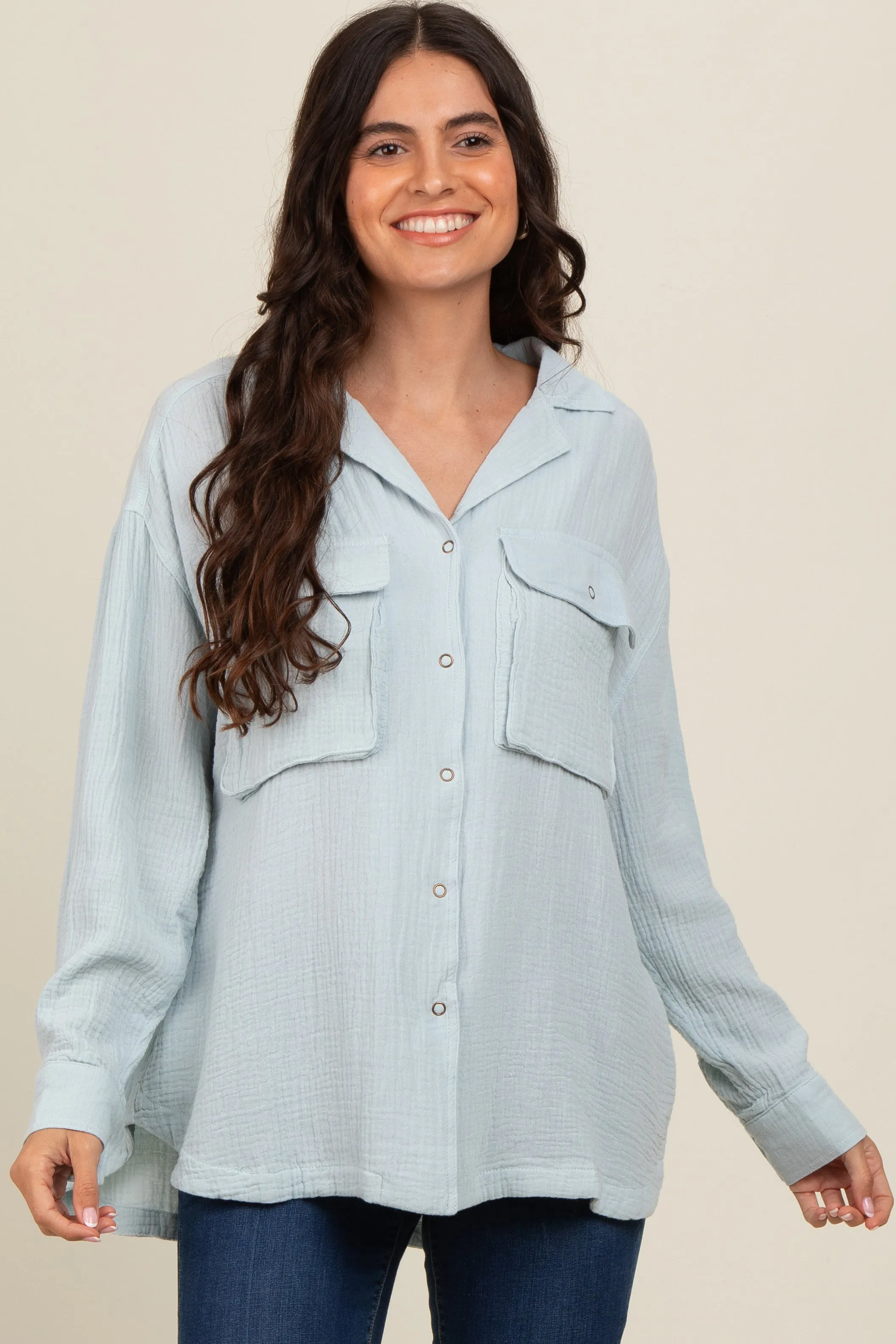 Light Blue Cotton Gauze Button Down Maternity Shirt sold by Pinkblush product image thumbnail 4