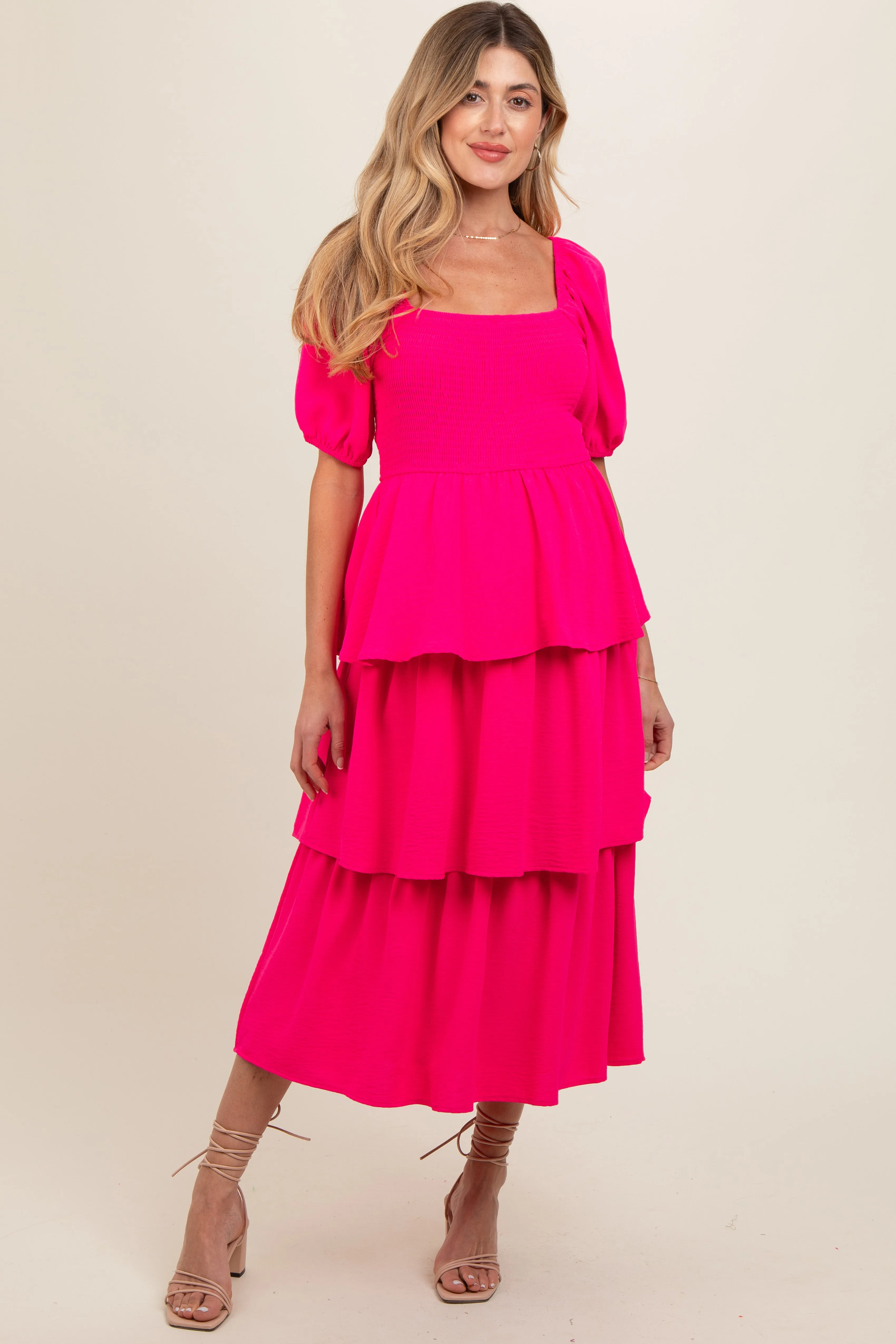Fuchsia Smocked Body Ruffled Tiered Maternity Dress sold by Pinkblush