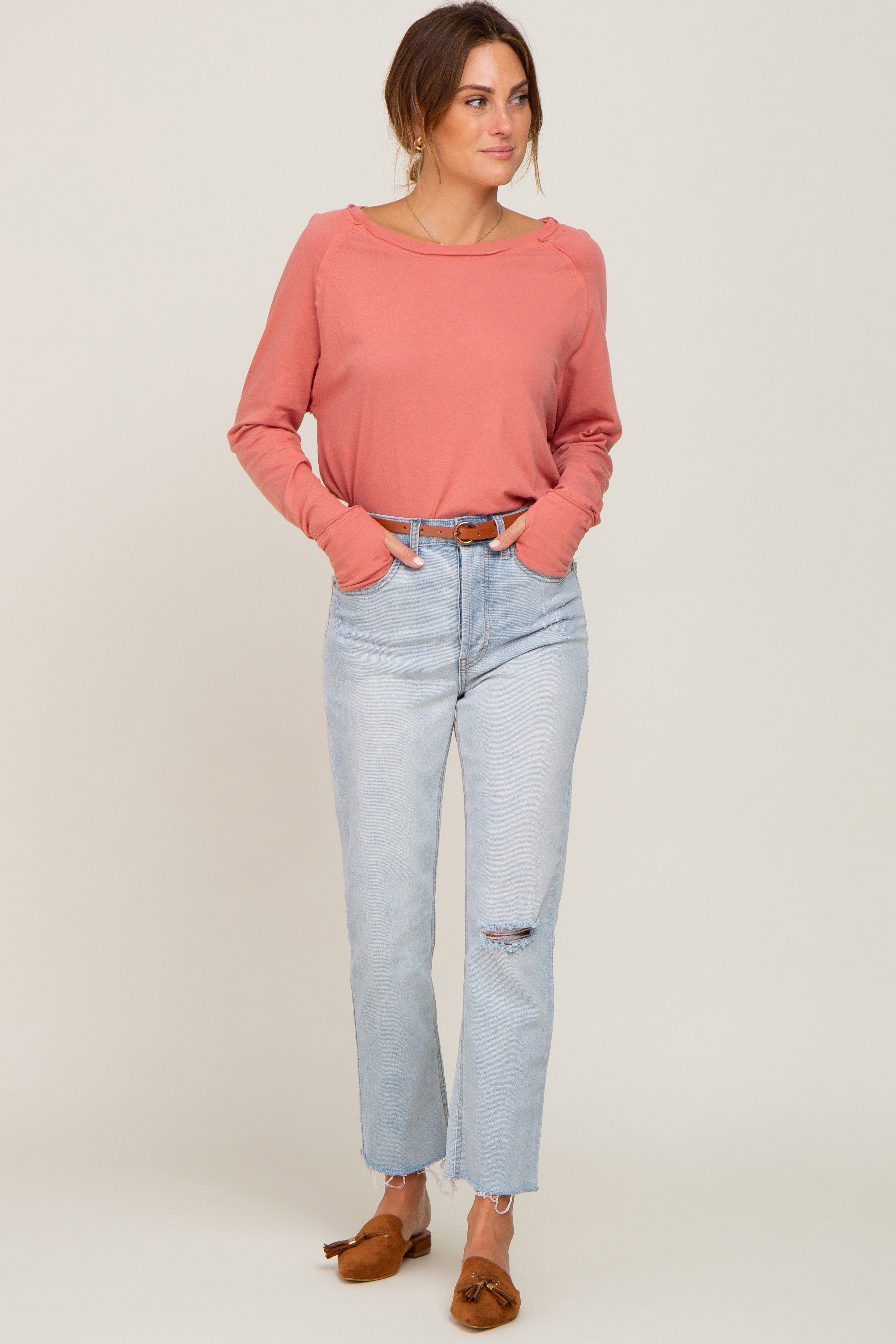 Salmon Distressed Seam Long Sleeve Top sold by Pinkblush product image thumbnail 4