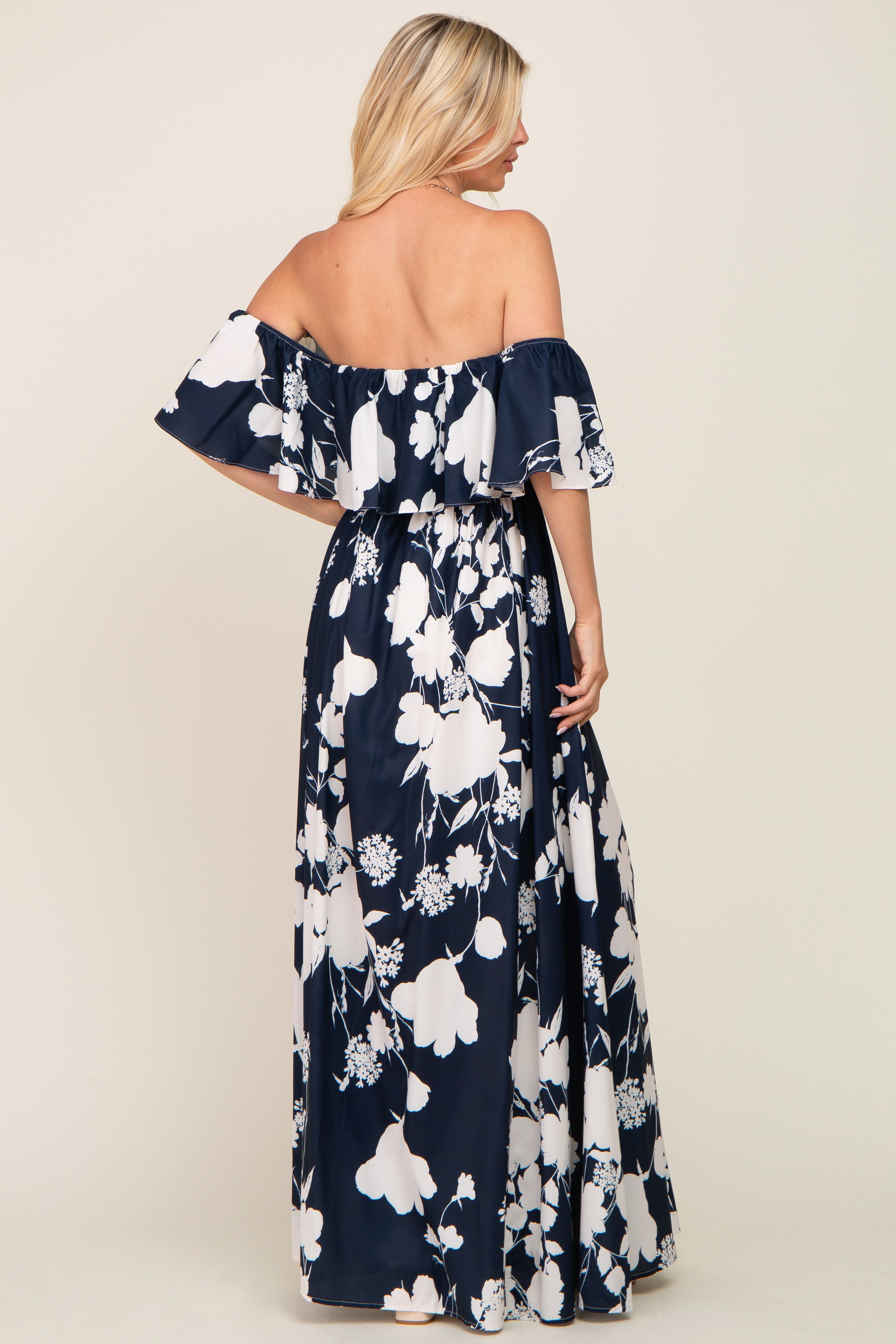 Navy Blue Floral Overlay Off-Shoulder Side Slit Maxi Dress sold by Pinkblush product image thumbnail 3