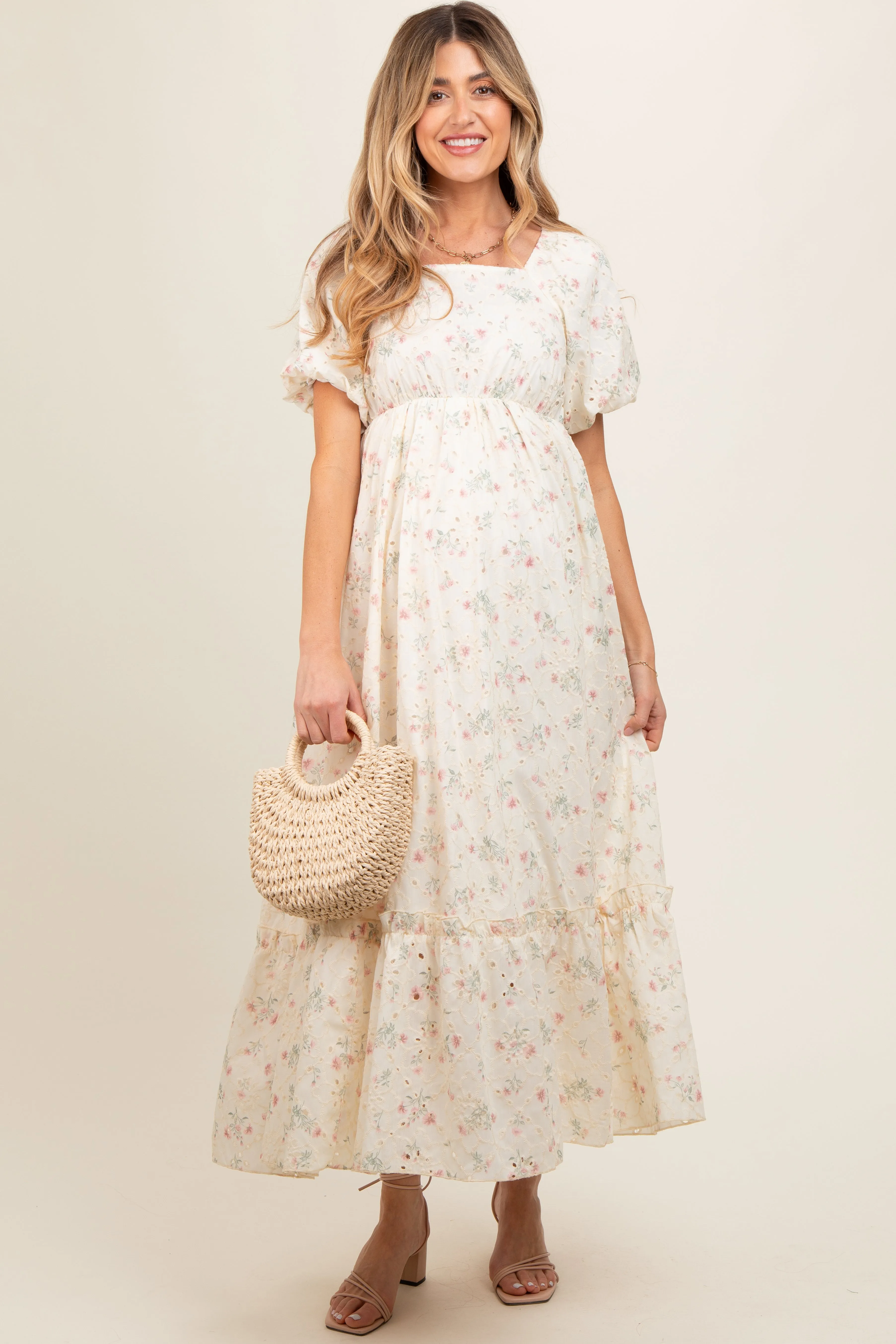 Ivory Floral Eyelet Puff Sleeve Maternity Maxi Dress sold by Pinkblush product image thumbnail 3