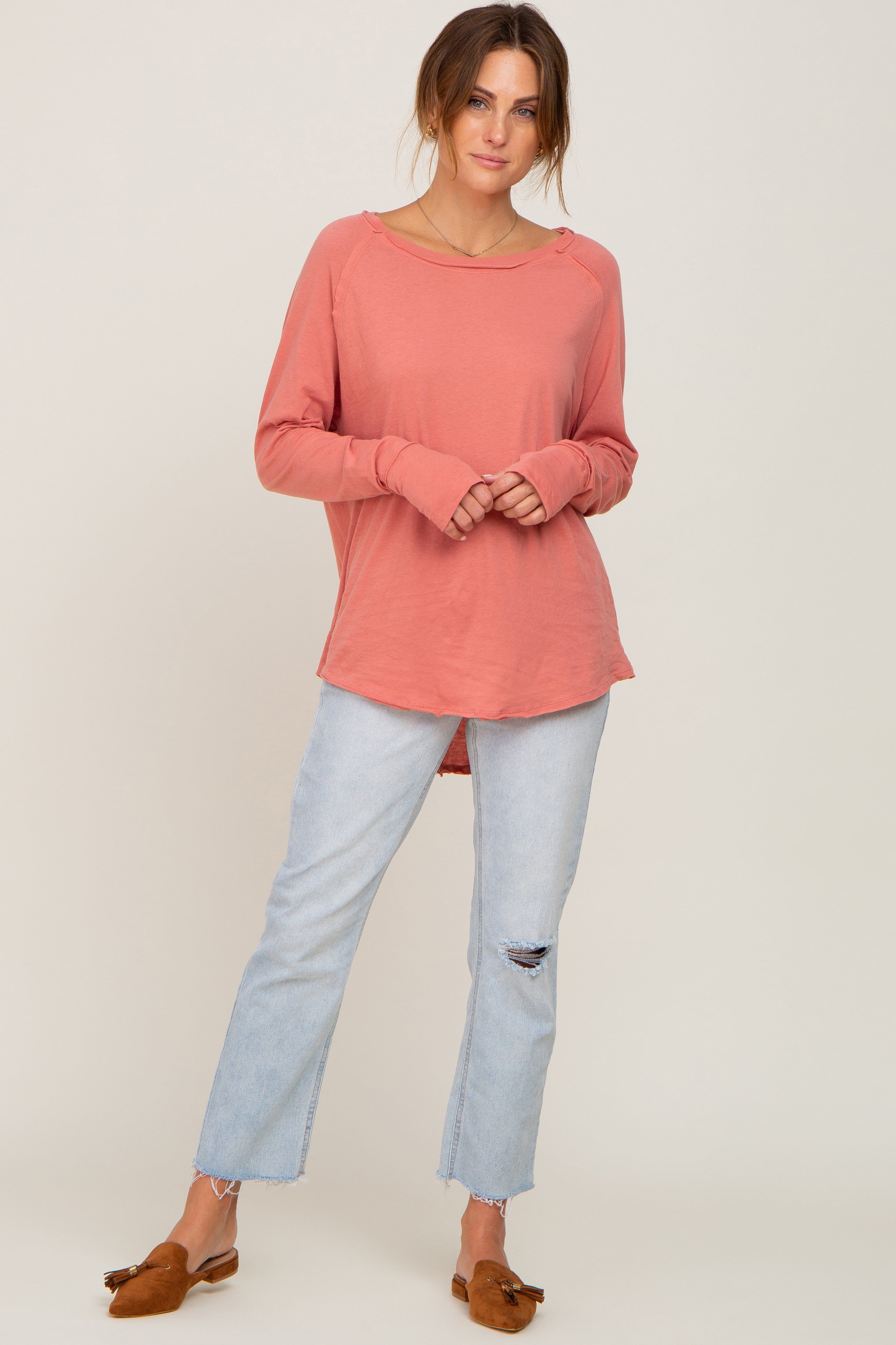 Salmon Distressed Seam Long Sleeve Top sold by Pinkblush product image thumbnail 5