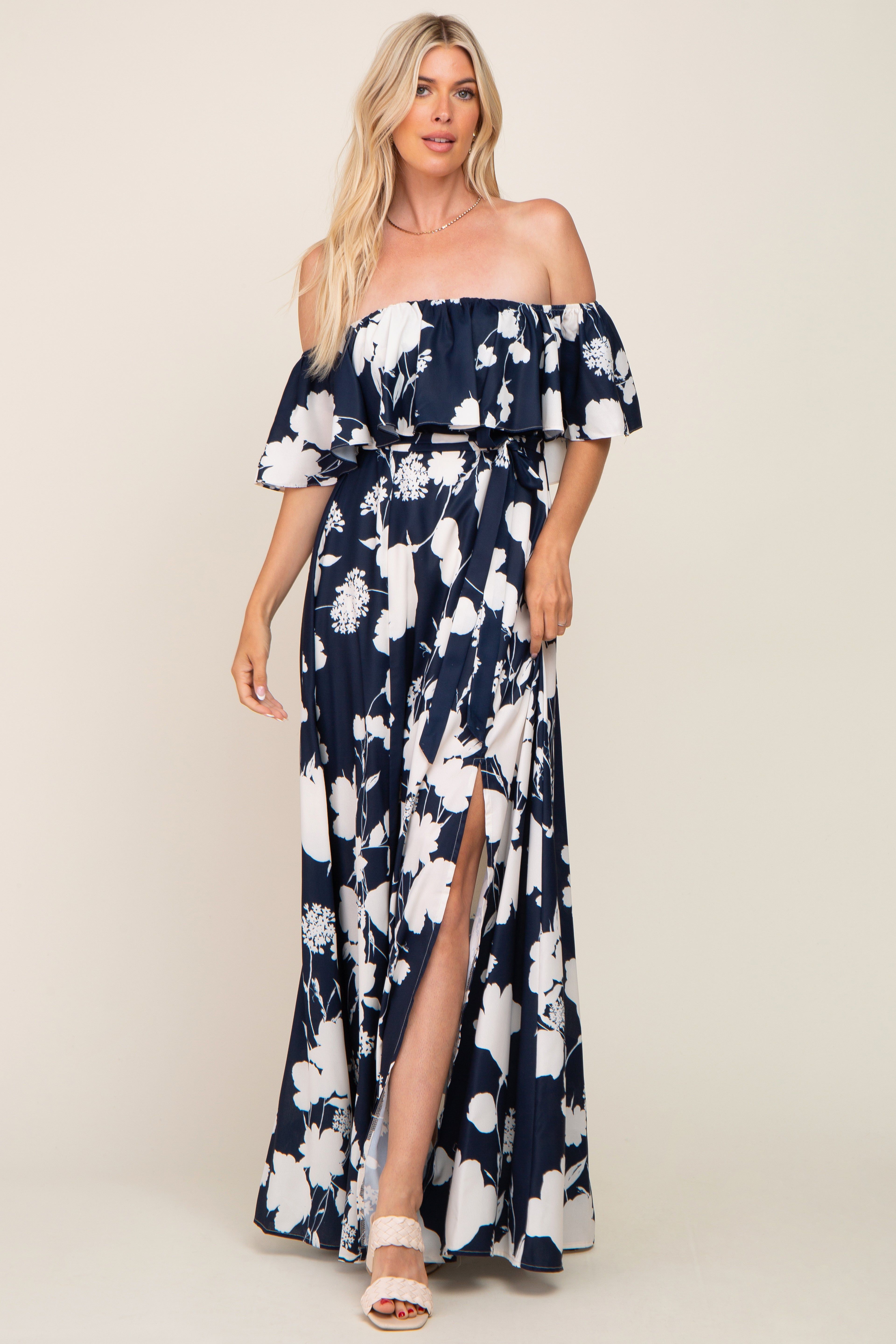 Navy Blue Floral Overlay Off-Shoulder Side Slit Maxi Dress sold by Pinkblush product image thumbnail 4