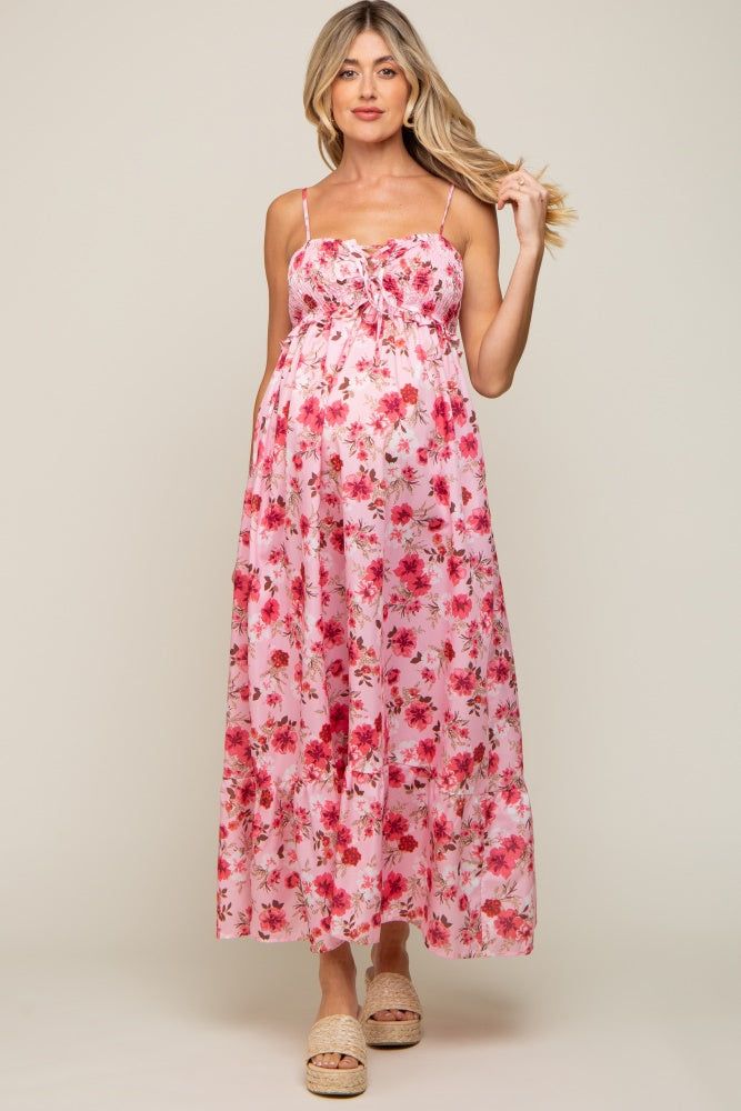 Pink Floral Lace-Up Front Smocked Maternity Maxi Dress sold by Pinkblush product image thumbnail 4