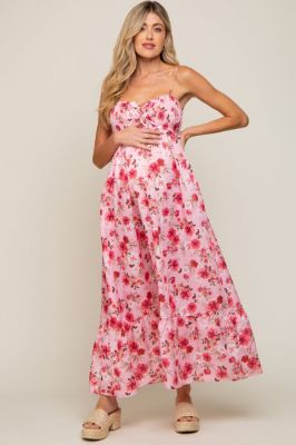 Pink Floral Lace-Up Front Smocked Maternity Maxi Dress sold by Pinkblush