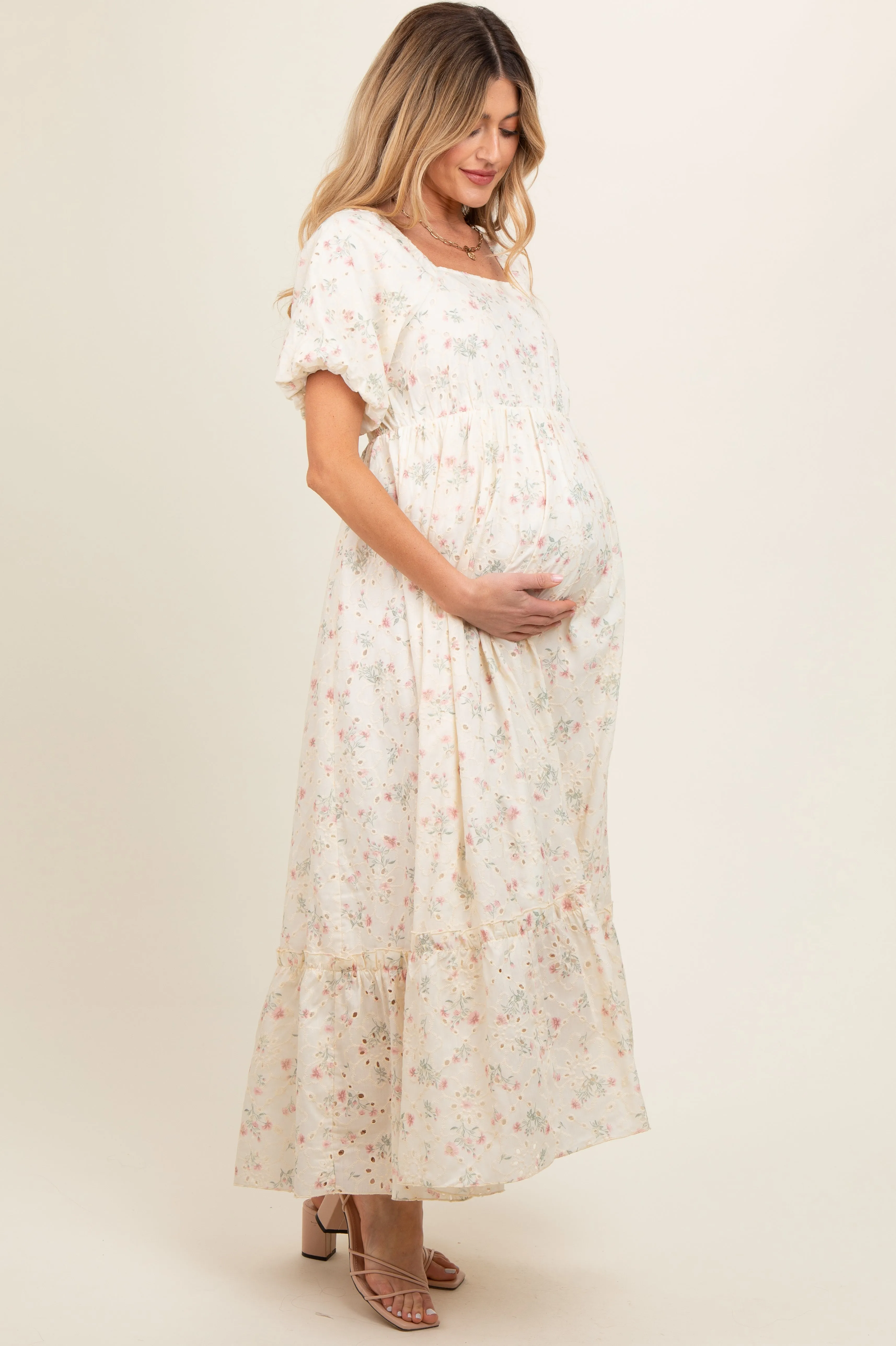 Ivory Floral Eyelet Puff Sleeve Maternity Maxi Dress sold by Pinkblush product image thumbnail 4