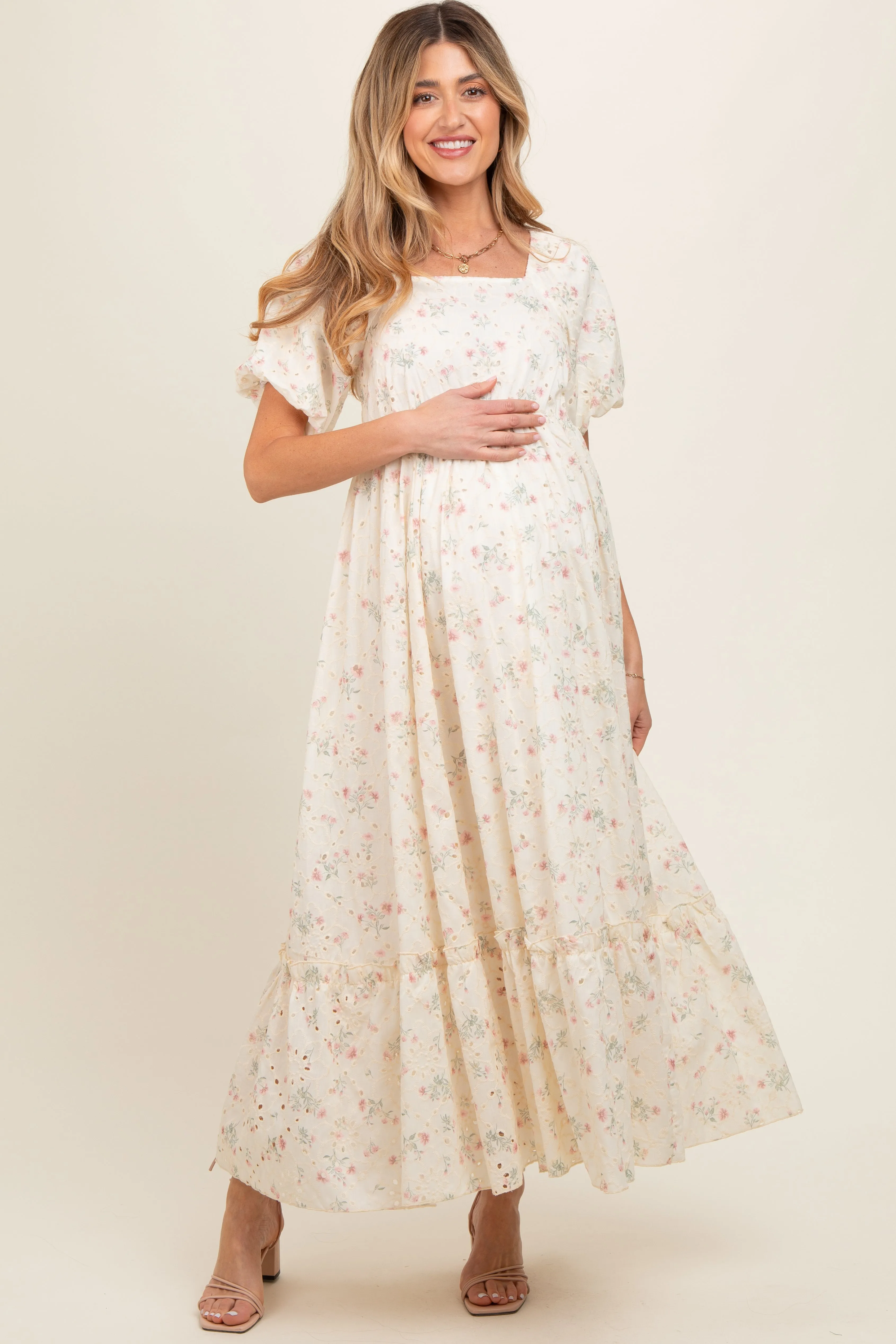 Ivory Floral Eyelet Puff Sleeve Maternity Maxi Dress sold by Pinkblush