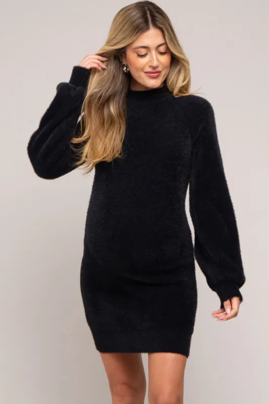 Black Fuzzy Knit Puff Sleeve Maternity Sweater Dress sold by Pinkblush