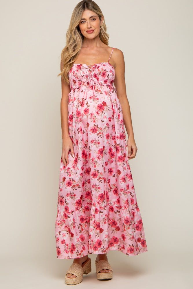 Pink Floral Lace-Up Front Smocked Maternity Maxi Dress sold by Pinkblush product image thumbnail 5