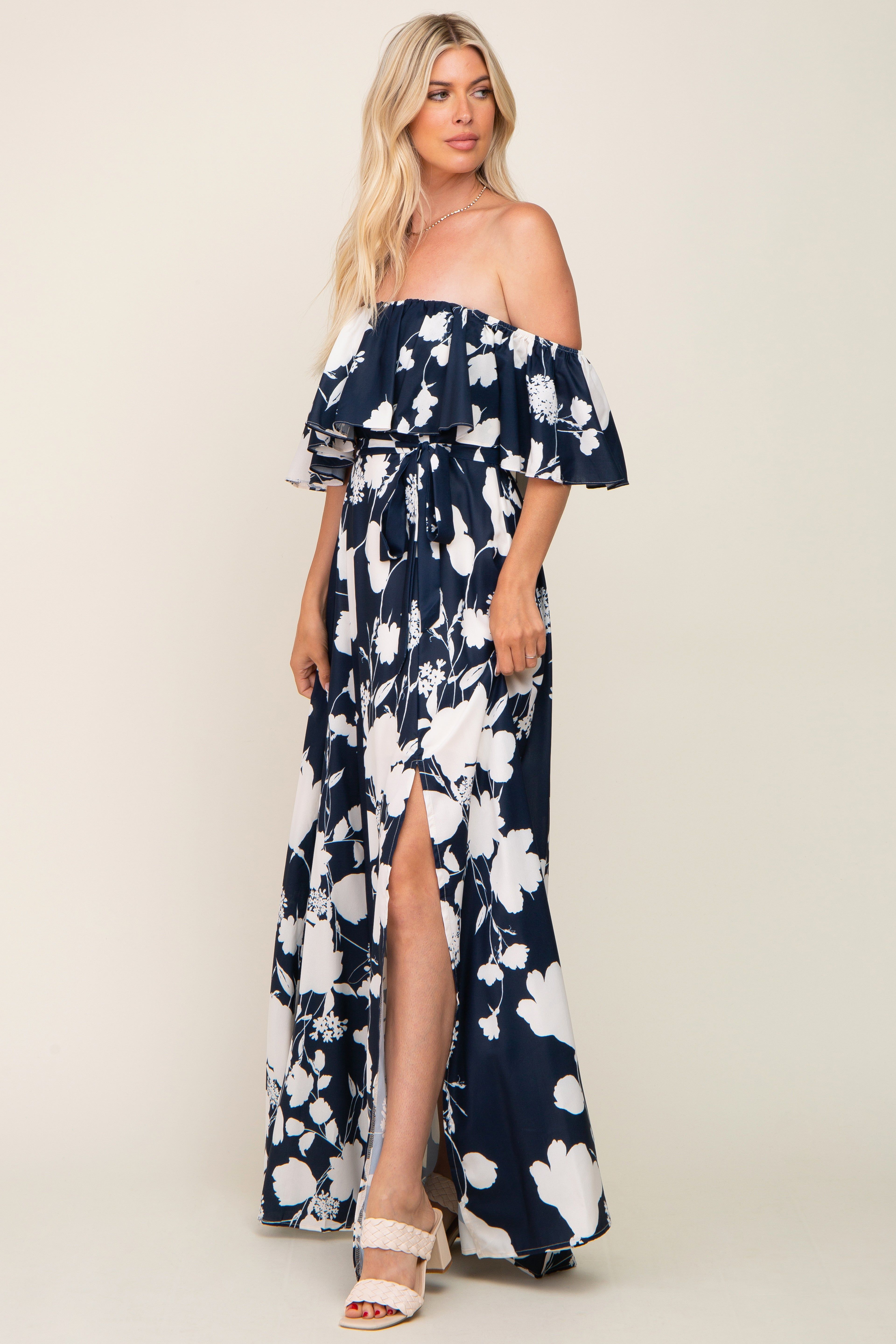 Navy Blue Floral Overlay Off-Shoulder Side Slit Maxi Dress sold by Pinkblush product image thumbnail 2