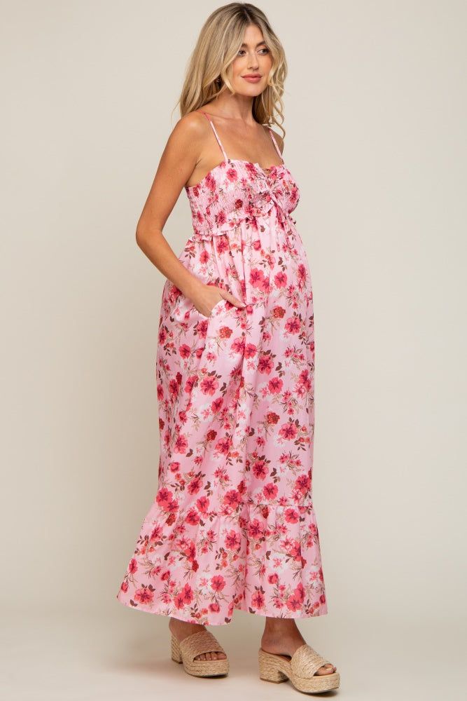 Pink Floral Lace-Up Front Smocked Maternity Maxi Dress sold by Pinkblush product image thumbnail 2
