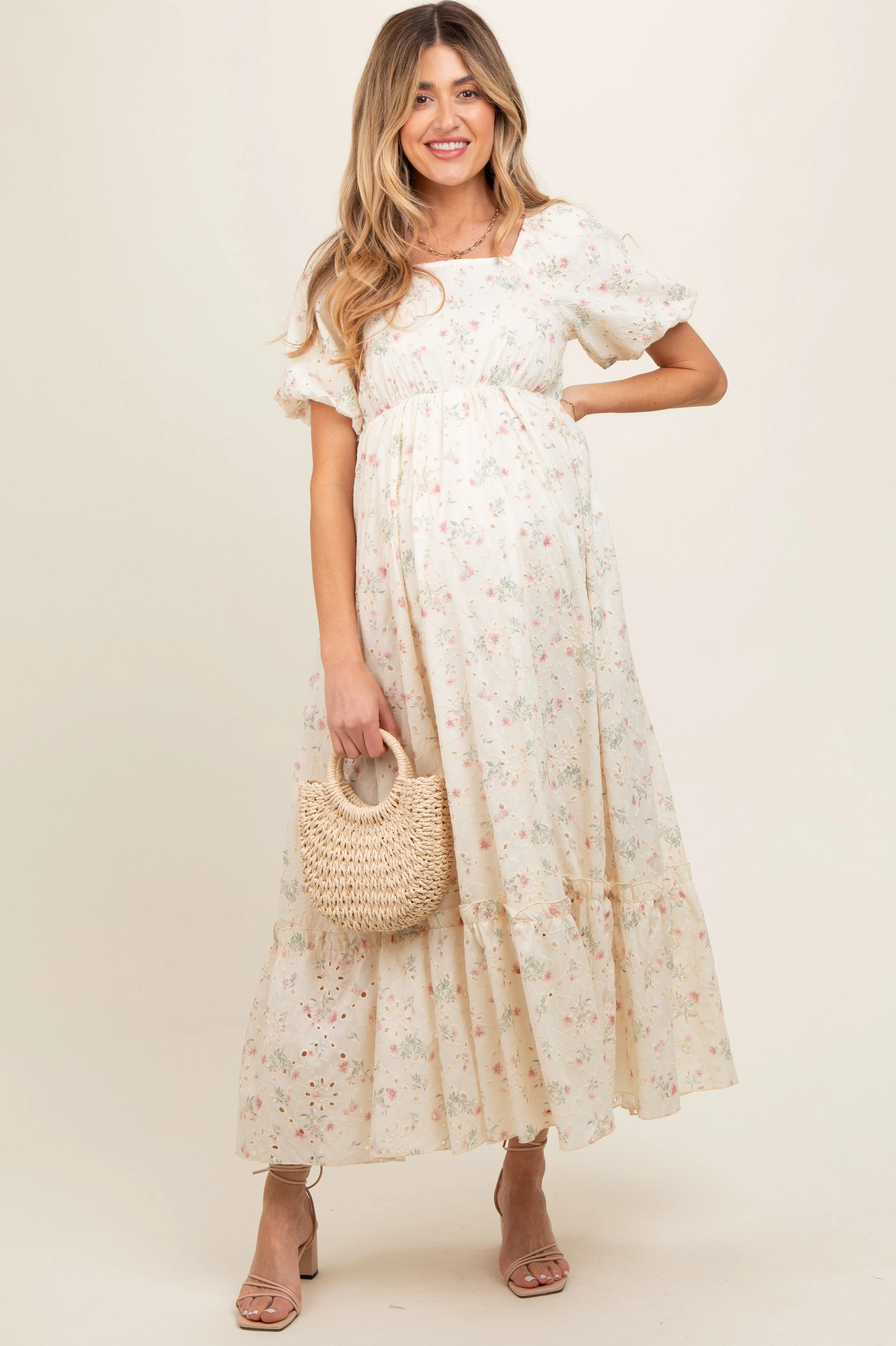 Ivory Floral Eyelet Puff Sleeve Maternity Maxi Dress sold by Pinkblush product image thumbnail 2