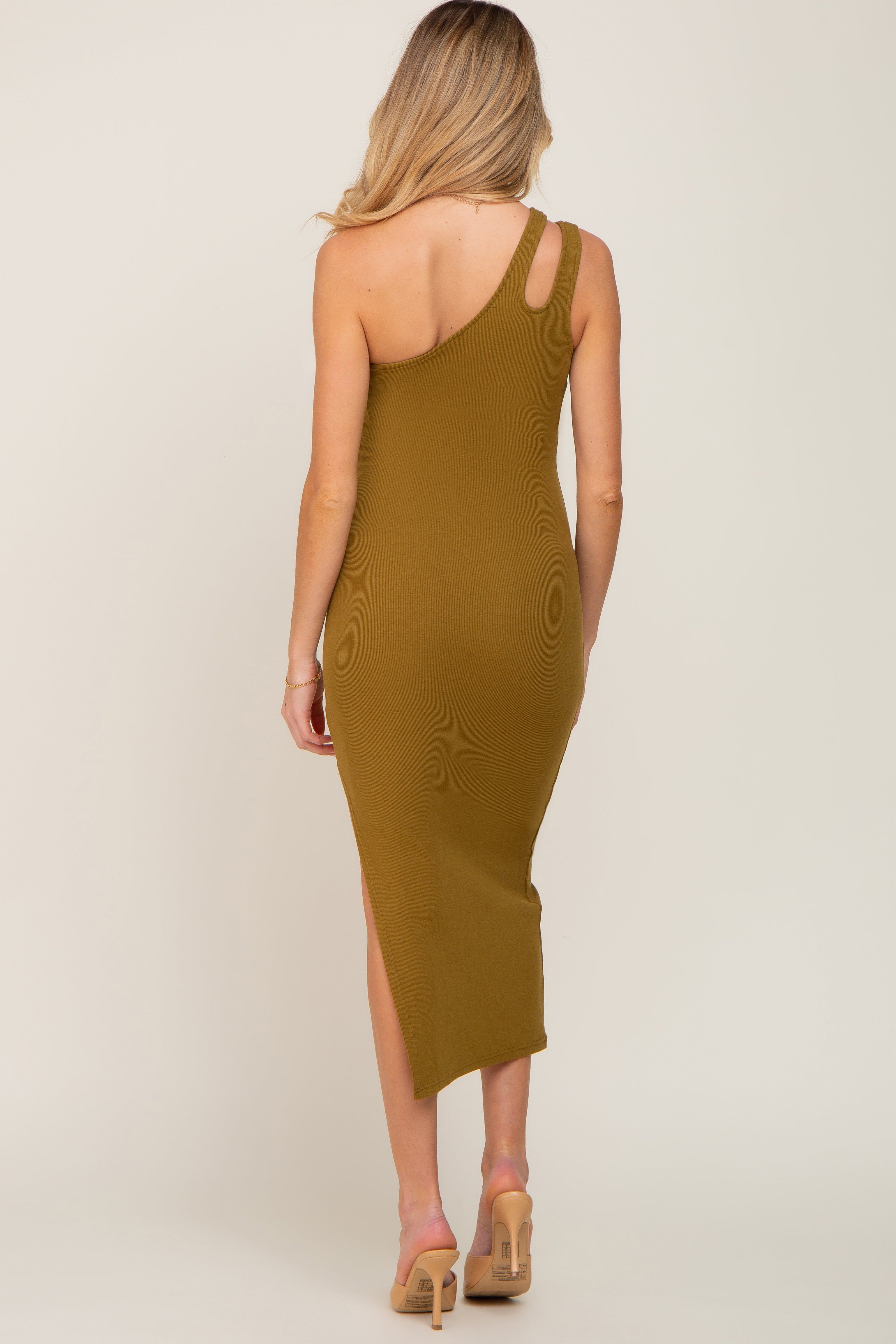 Olive One Shoulder Cutout Side Slit Maternity Midi Dress sold by Pinkblush product image thumbnail 3