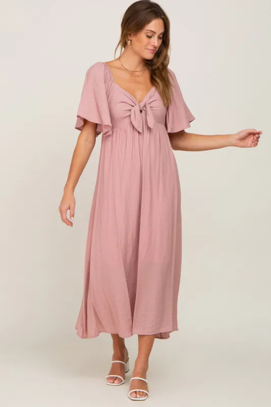 Mauve Front Tie Ruffle Sleeve Midi Dress sold by Pinkblush