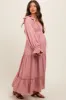 Mauve Button Pleated Front Square Neck Ruffle Tiered Maternity Maxi Dress sold by Pinkblush