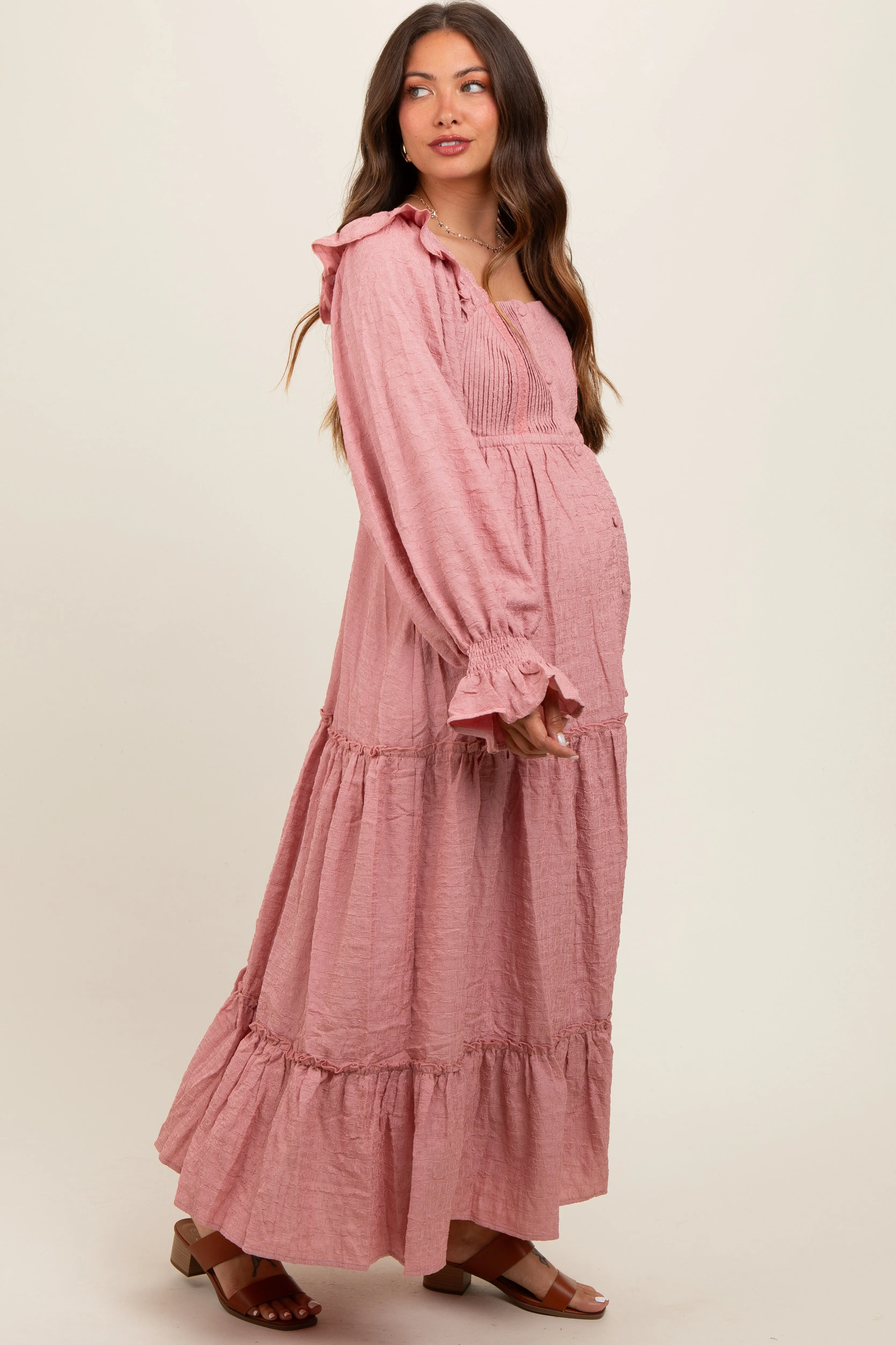 Mauve Button Pleated Front Square Neck Ruffle Tiered Maternity Maxi Dress sold by Pinkblush product image thumbnail 2