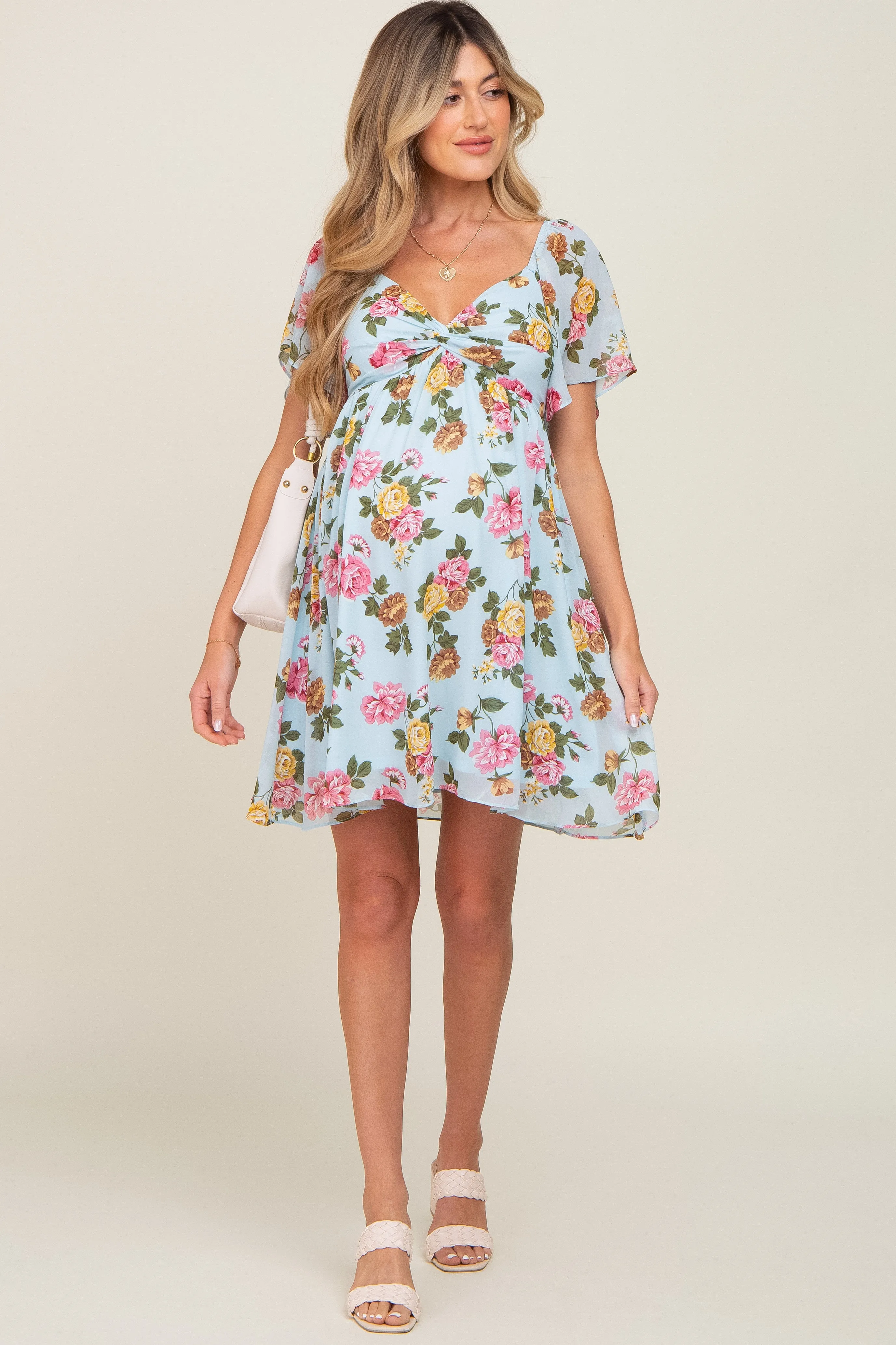 Light Blue Floral Chiffon Sweetheart Neck Maternity Dress sold by Pinkblush product image thumbnail 4