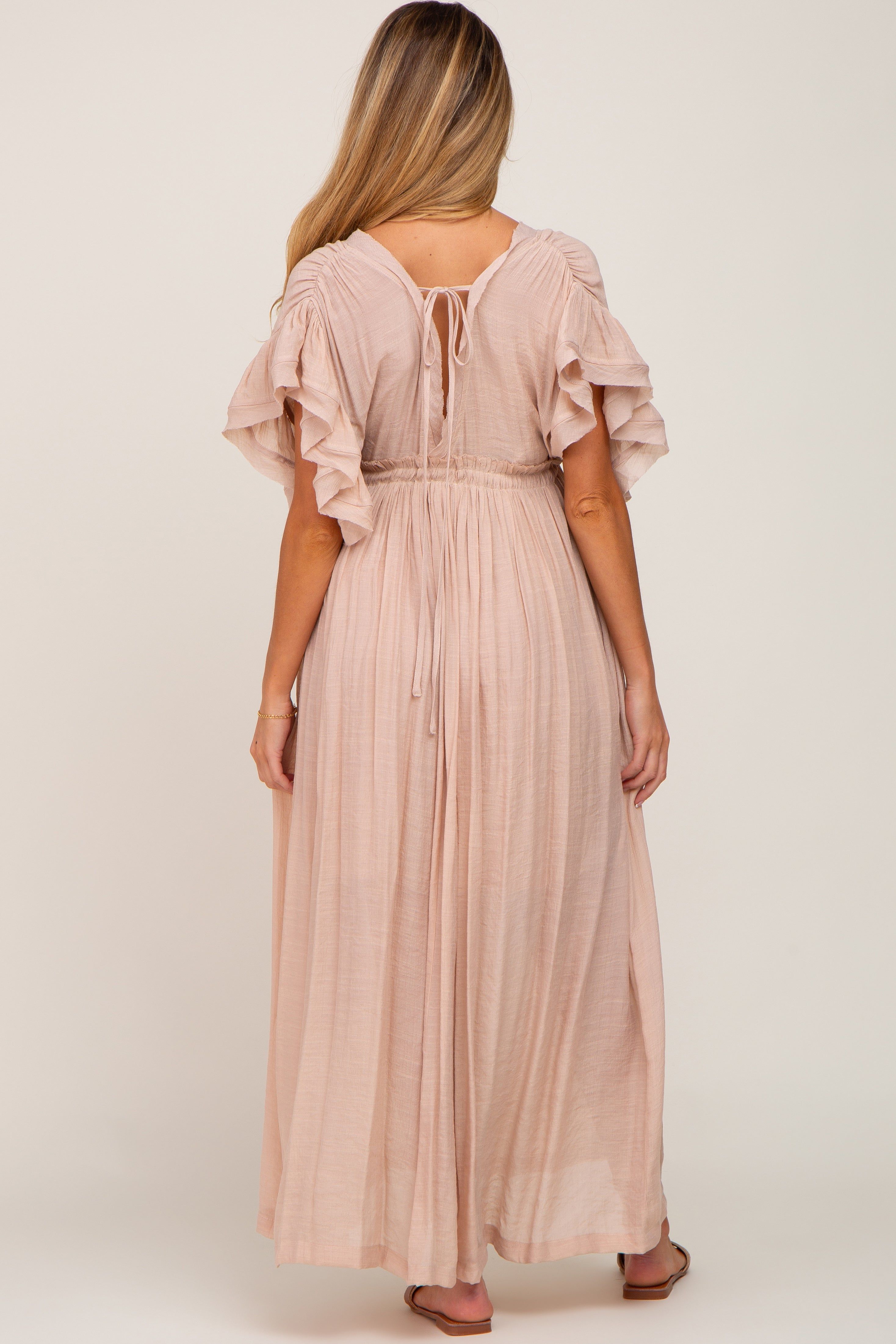 Light Pink Deep V-Neck Button Down Maternity Maxi Dress sold by Pinkblush product image thumbnail 3