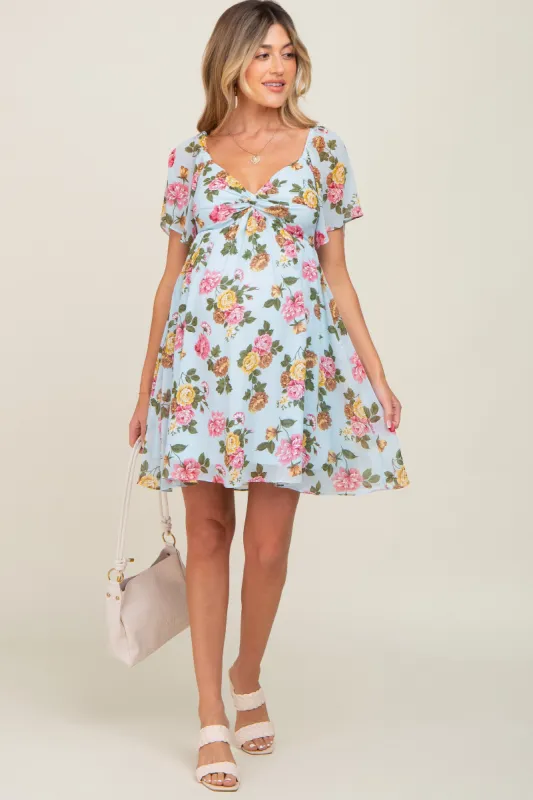 Light Blue Floral Chiffon Sweetheart Neck Maternity Dress sold by Pinkblush