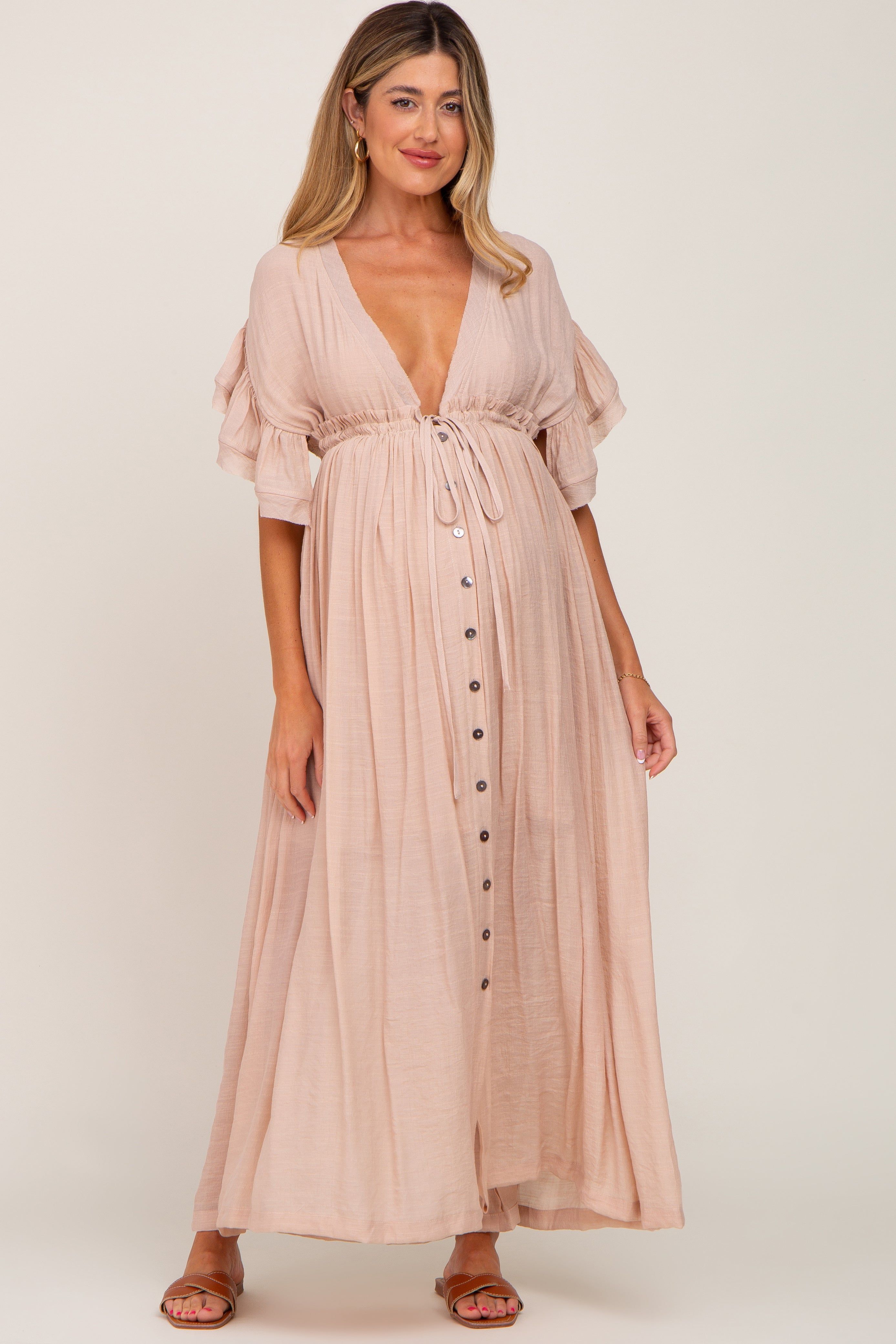 Light Pink Deep V-Neck Button Down Maternity Maxi Dress sold by Pinkblush