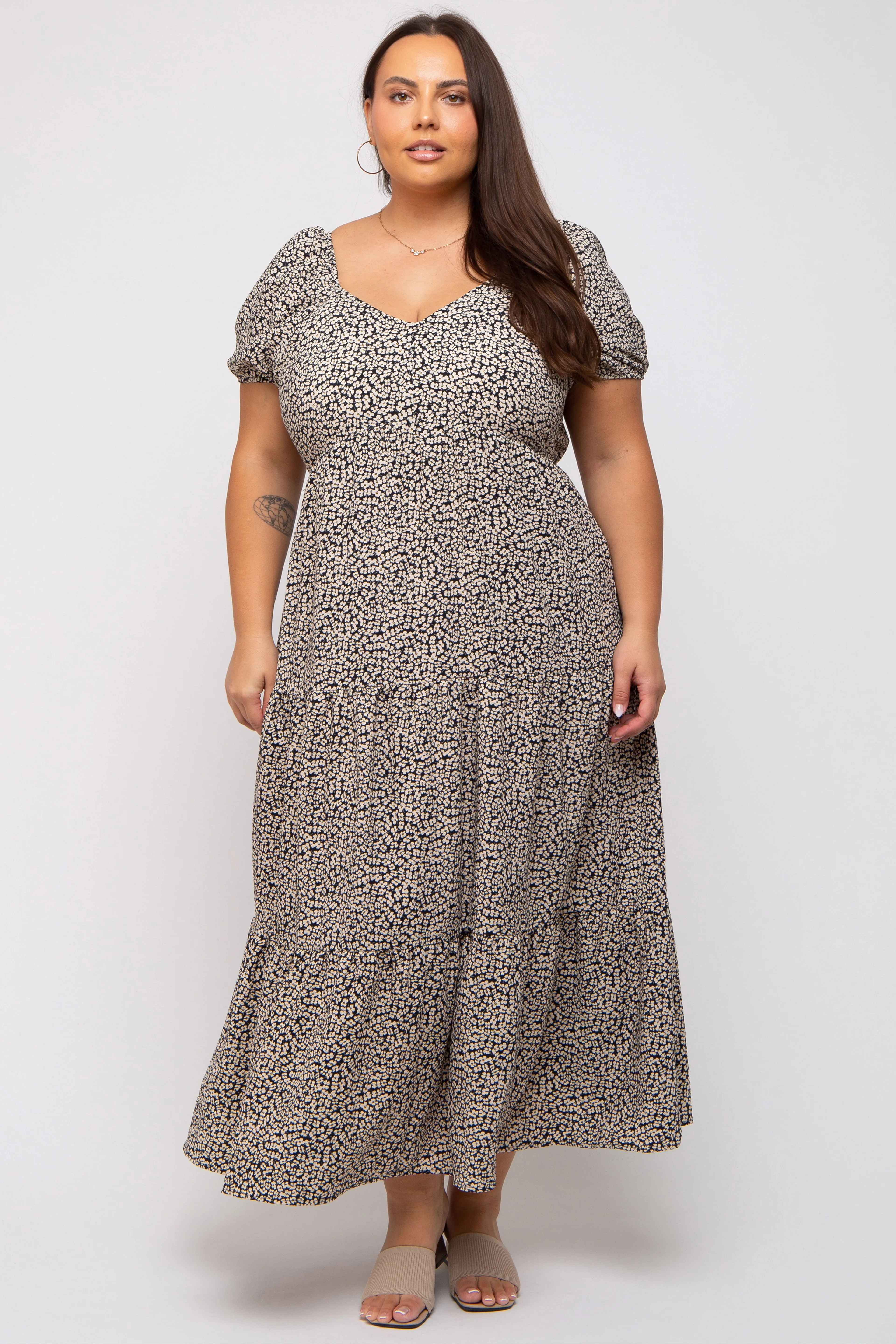 Black Floral Puff Sleeve Plus Maxi Dress sold by Pinkblush