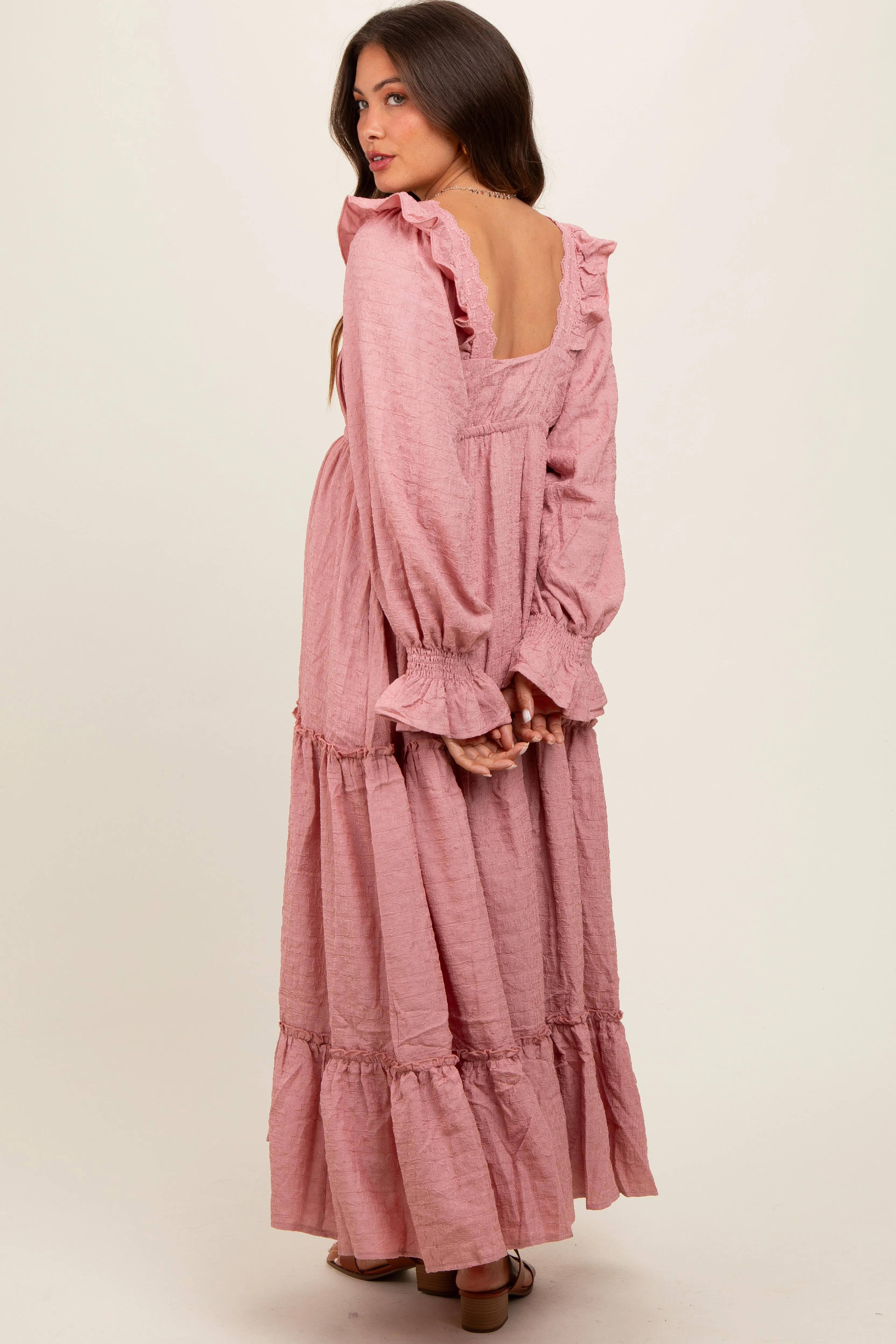 Mauve Button Pleated Front Square Neck Ruffle Tiered Maternity Maxi Dress sold by Pinkblush product image thumbnail 3