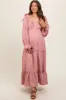 Mauve Button Pleated Front Square Neck Ruffle Tiered Maternity Maxi Dress sold by Pinkblush