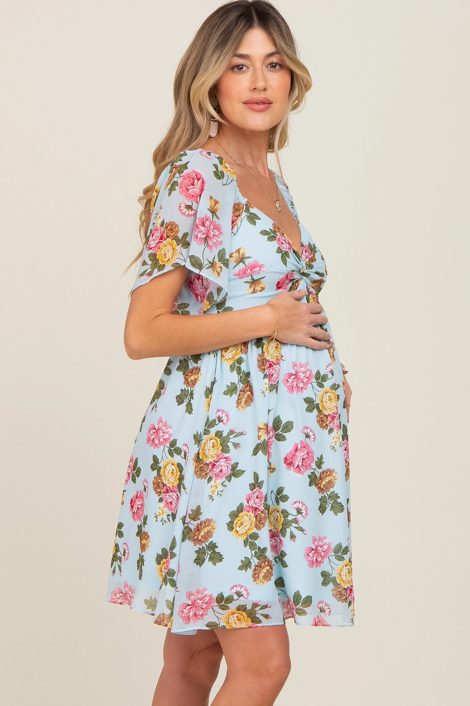 Light Blue Floral Chiffon Sweetheart Neck Maternity Dress sold by Pinkblush product image thumbnail 2