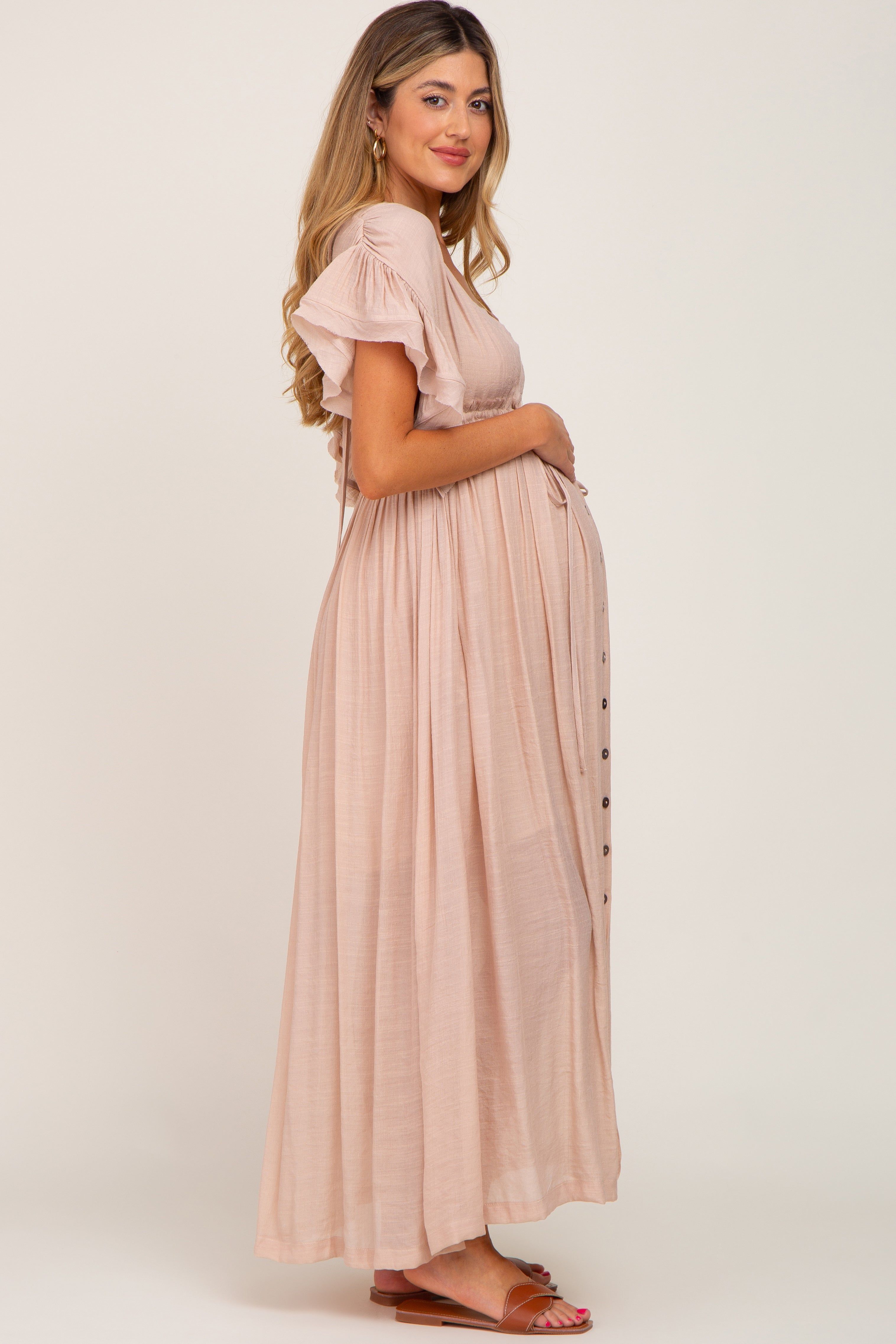 Light Pink Deep V-Neck Button Down Maternity Maxi Dress sold by Pinkblush product image thumbnail 2
