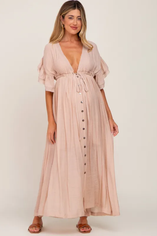 Light Pink Deep V-Neck Button Down Maternity Maxi Dress sold by Pinkblush