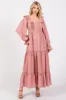 Mauve Button Pleated Front Square Neck Ruffle Tiered Maternity Maxi Dress sold by Pinkblush