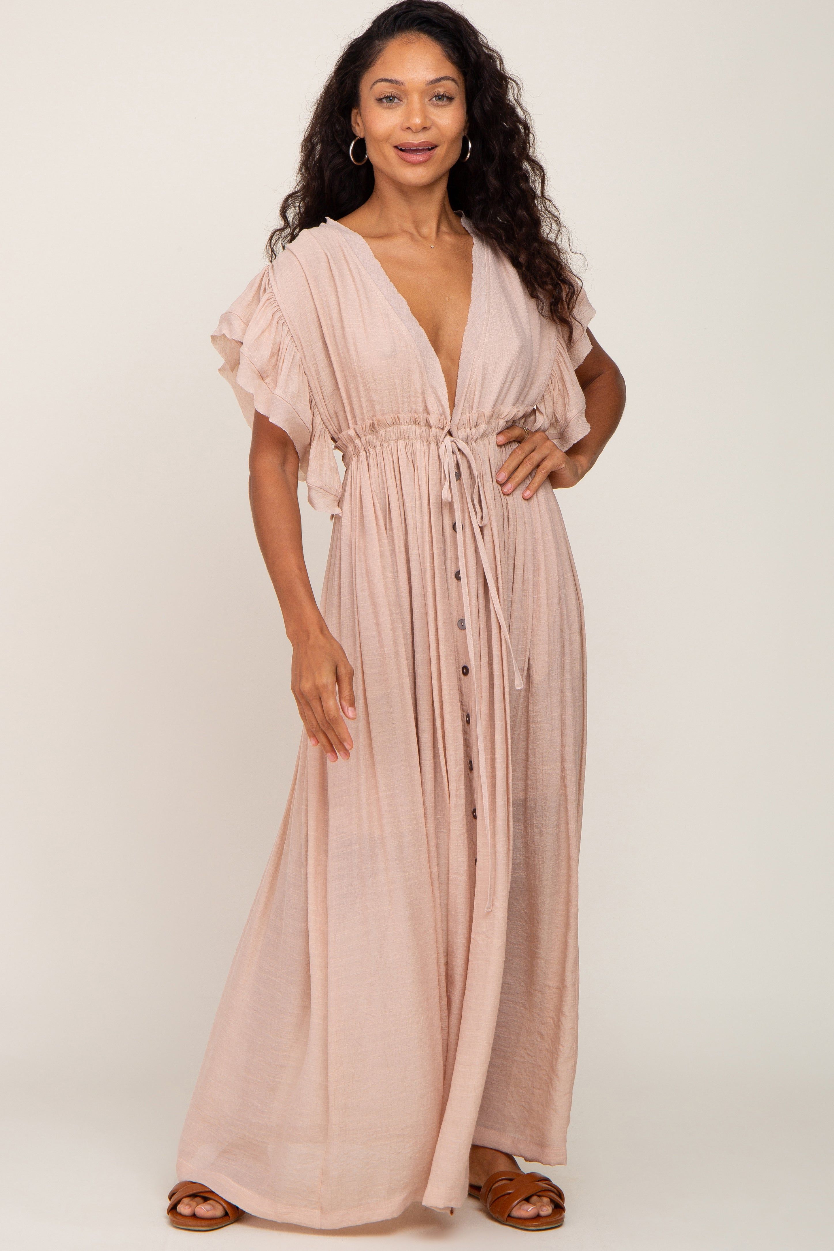 Light Pink Deep V-Neck Button Down Maternity Maxi Dress sold by Pinkblush product image thumbnail 4