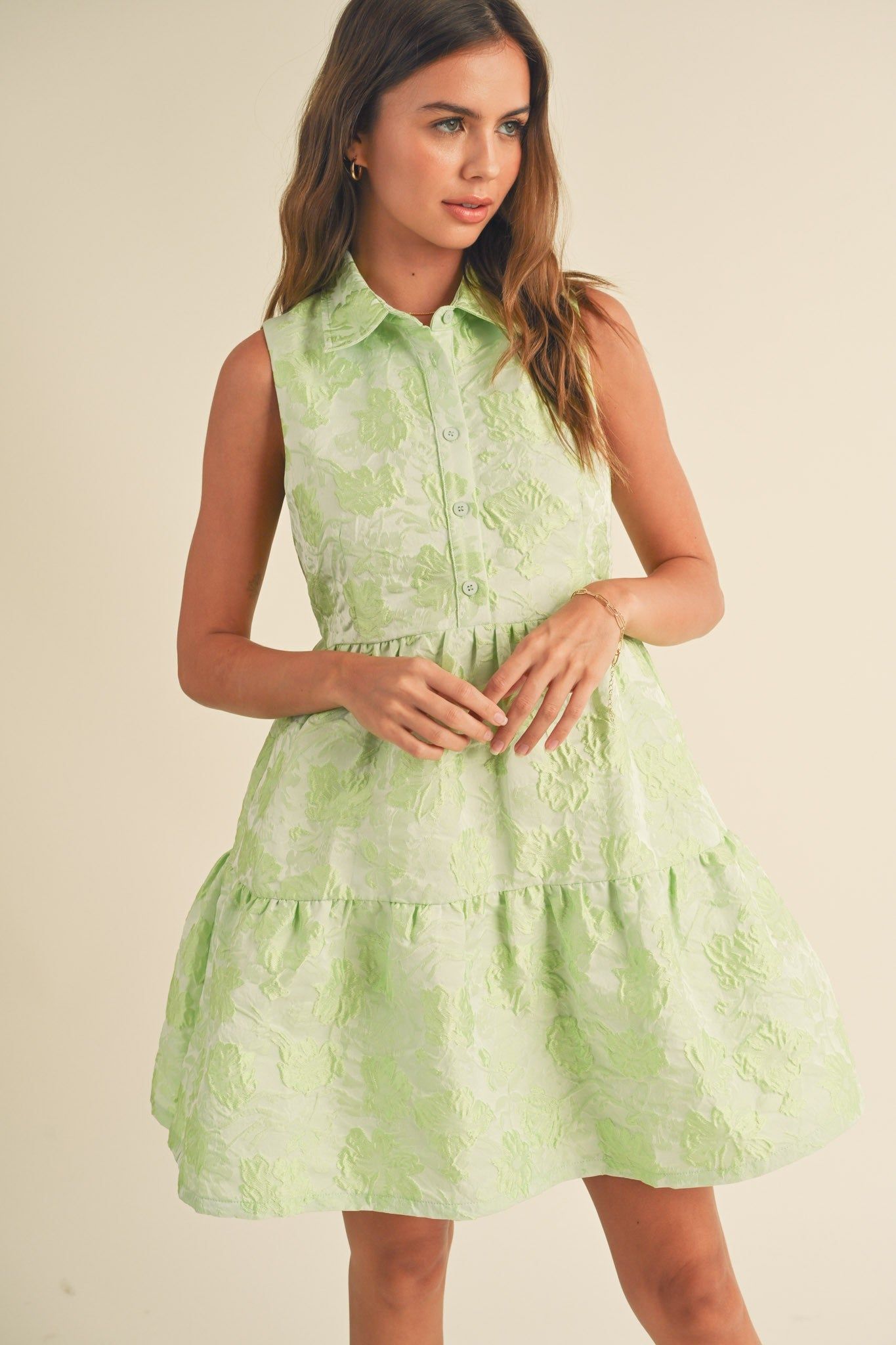Sage Lime Floral Jacquard Sleeveless Mini Dress sold by Pinkblush