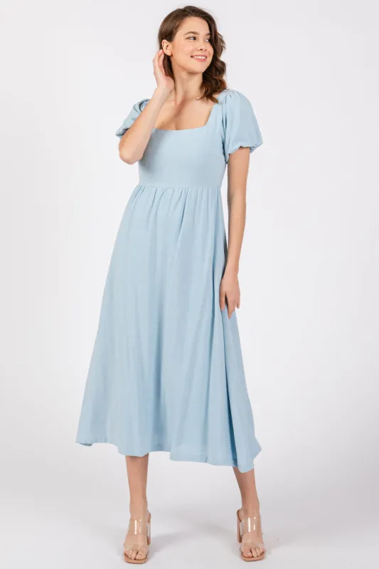 Light Blue Puff Sleeve Linen Midi Dress sold by Pinkblush