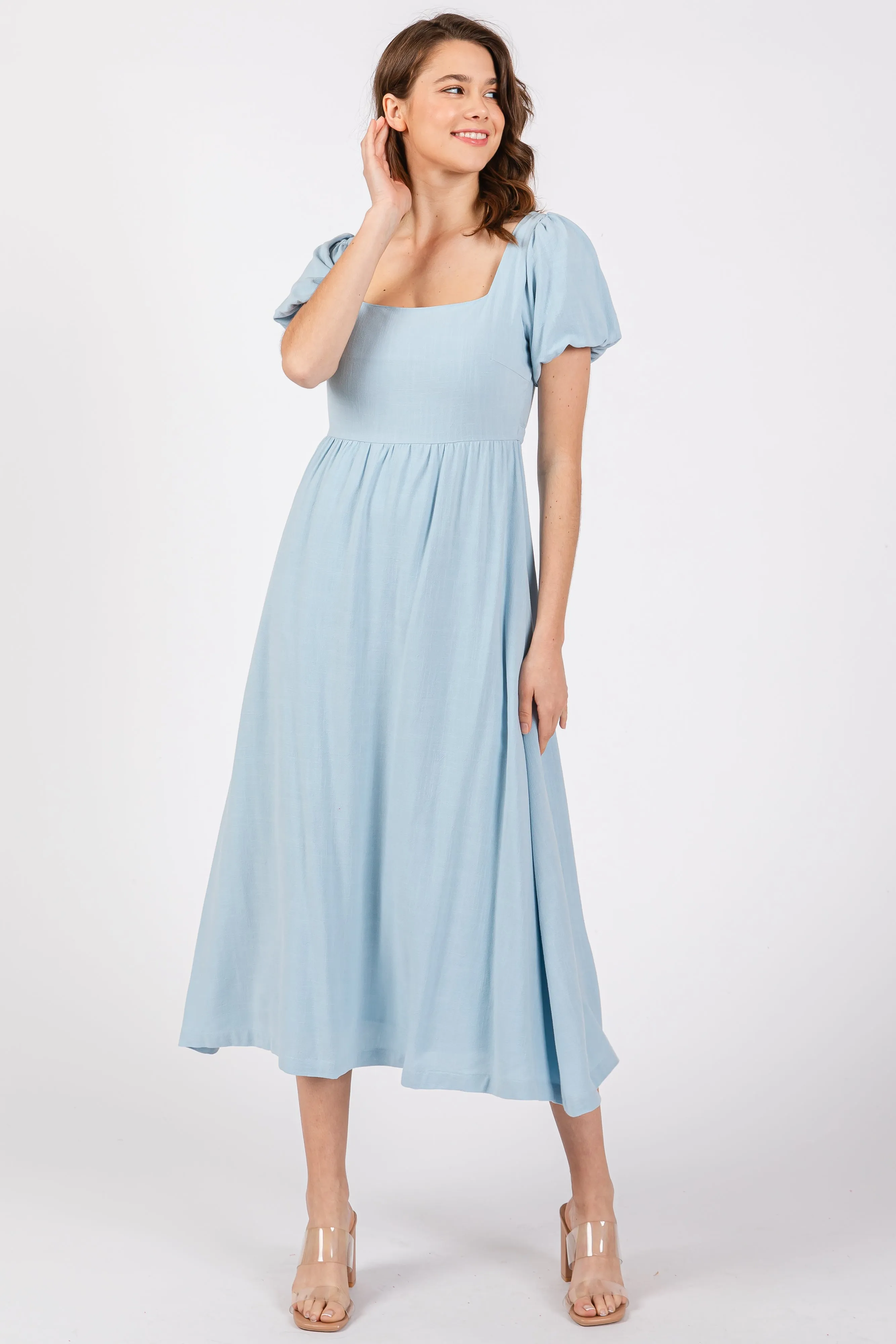 Light Blue Puff Sleeve Linen Midi Dress sold by Pinkblush